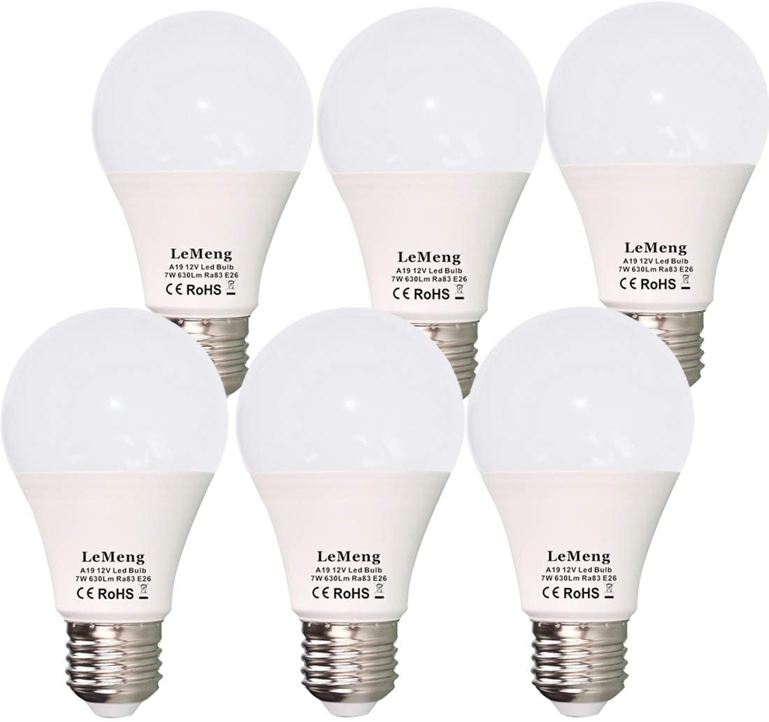 12V LED Light Bulb 7W 630Lm Ac/Dc10-30Volt Low Voltage E26 Base (2700K Warm White) 40-60 Watt A19 Bulbs Equivalent,Landscape Garden Yard, 12Volt Battery Power System off Grid Solar Lighting,6 Pack
