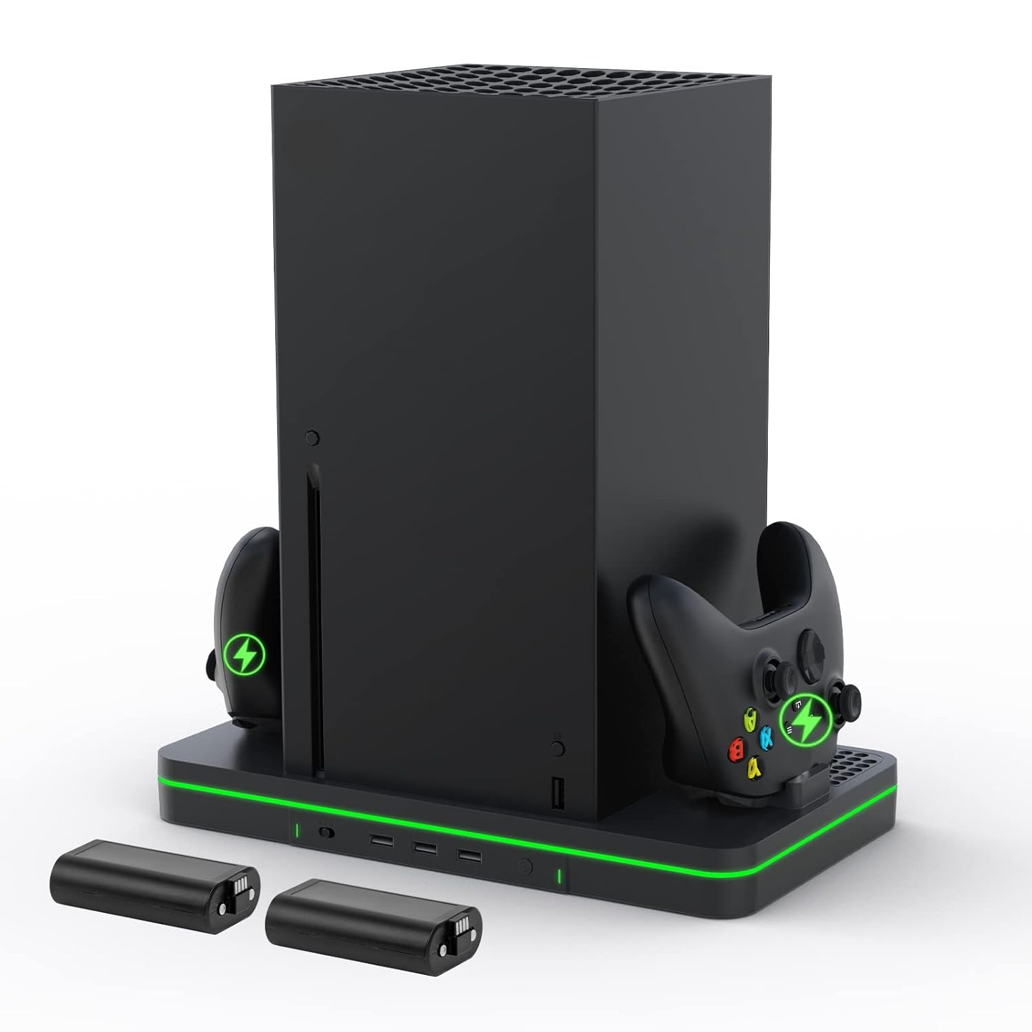 Charging Stand with Cooling Fan, Vertical Stand Compatible with Xbox Series X/S Console&Controller, Dual Controller Charger Station Dock with 3 USB Ports,2*1100 Mah Rechargeable Battery Packs