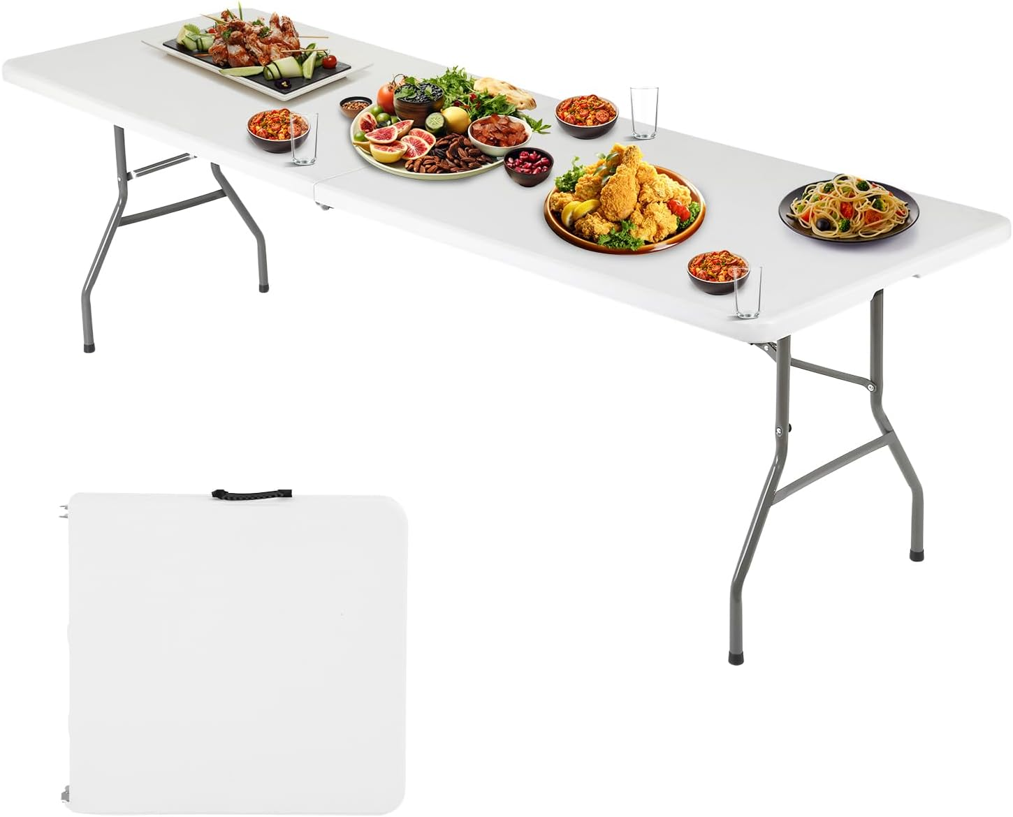 6FT Folding Table, Portable Fold-In-Half Plastic Picnic Party Table with Carrying Handle (White