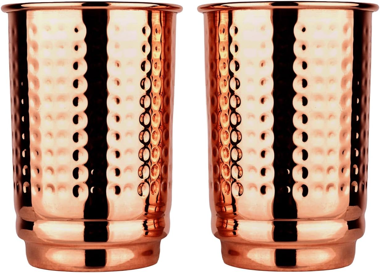 Healthgoodsin Pure Copper Cups Set of 2 - Hammered Copper Tumblers and Copper Cups for Water 11.8 Oz (350 Ml), Ayurvedic Copper Cups for Daily Use