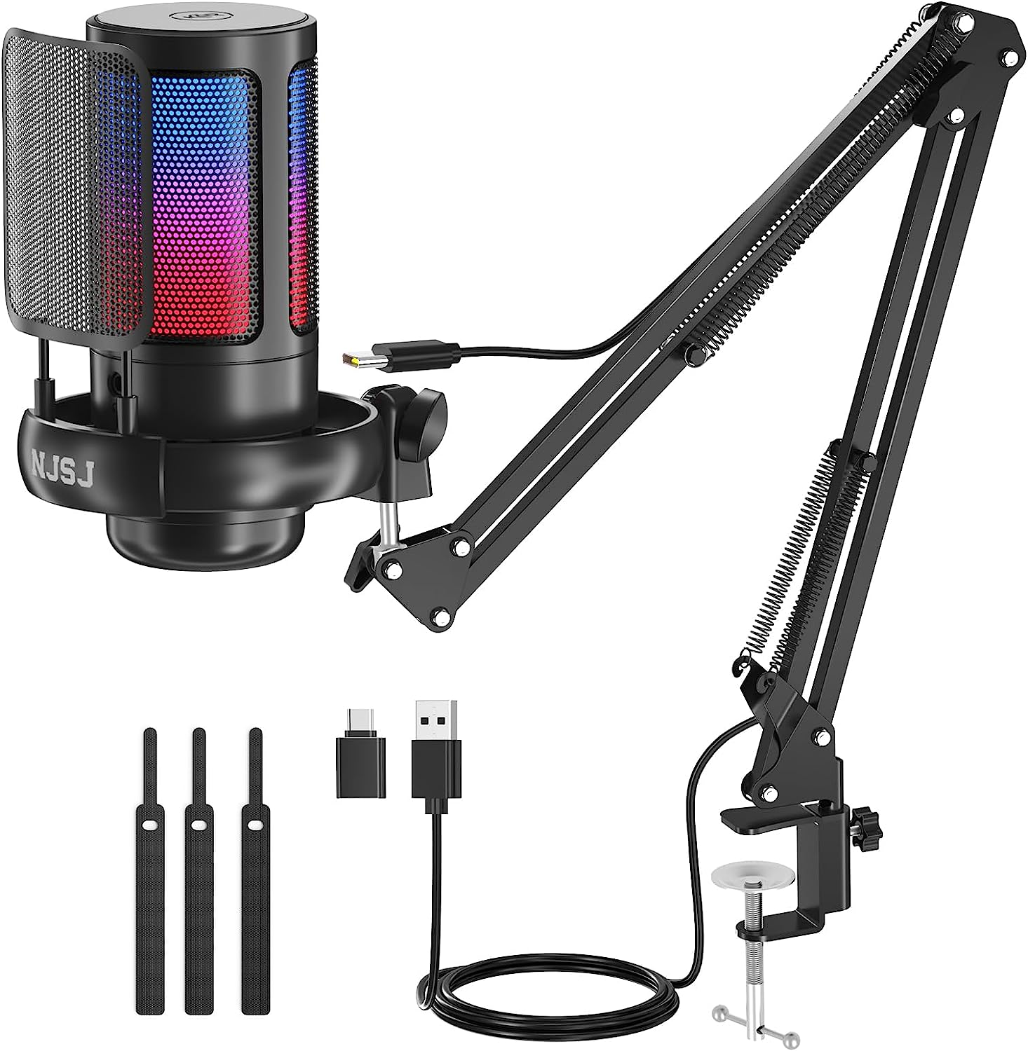 NJSJ USB Gaming Microphone for PC, Condenser Mic with Boom Arm for PS4/ PS5/ Mac/Phone with Touch Mute, RGB Lighting,Gain Knob & Monitoring Jack for Streaming,Podcasting,Youtube