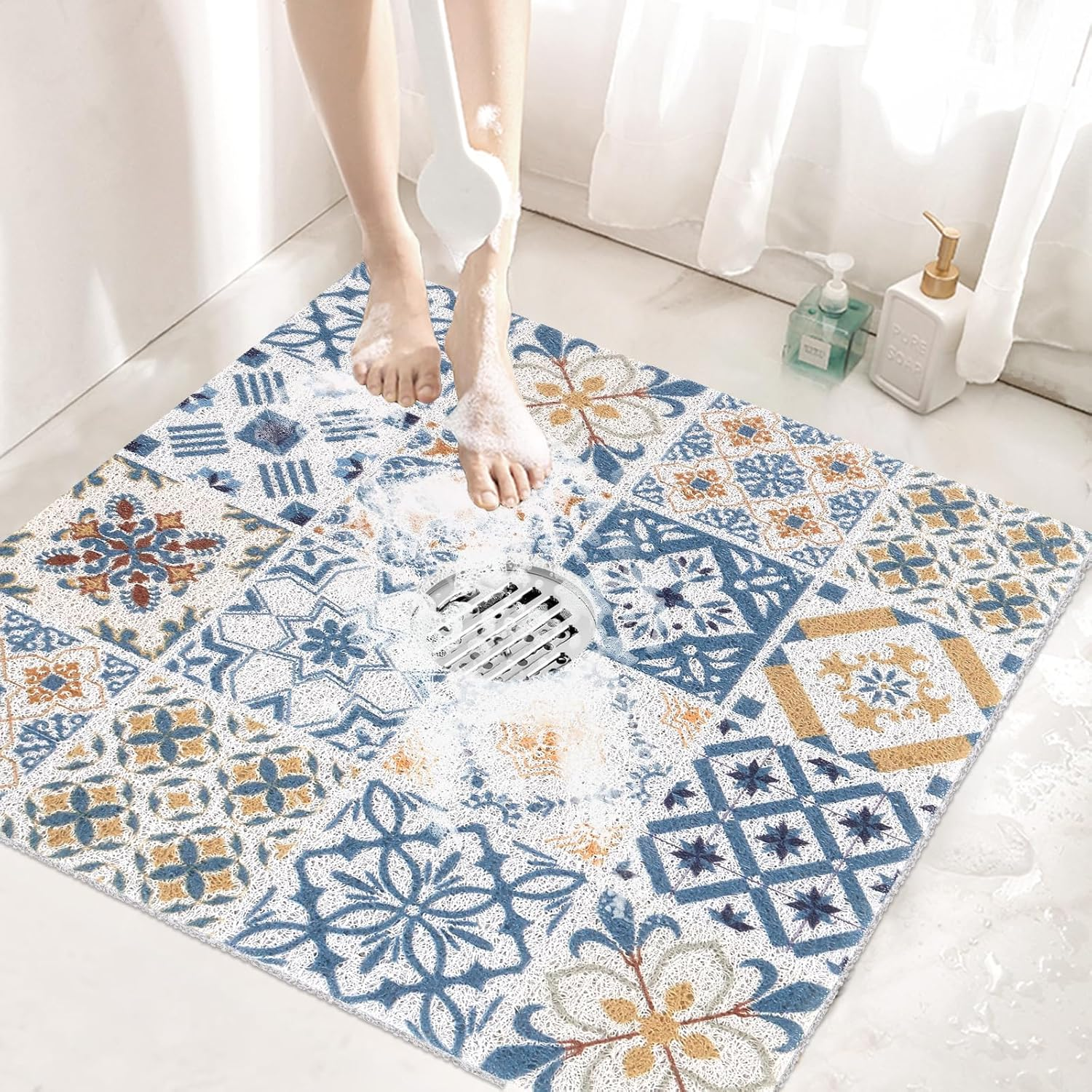 Square Shower Mat Non Slip: 24x24 Inch Loofah Shower Mats for Inside Shower, Soft PVC Anti Slip Shower Mat with Drain Holes in Middle, Quick Drying Bath Mats for Shower, Stand Up Shower Mats Cuttable