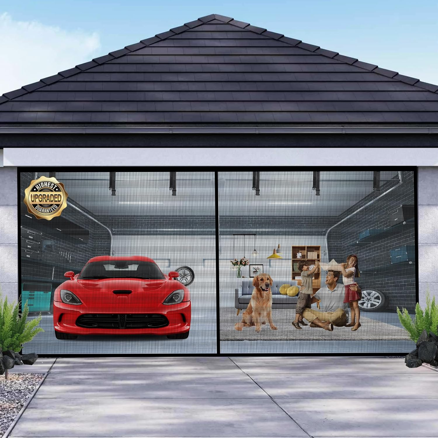 Garage Door Screen for 2 Car Garage 16X7Ft, Magnetic Screen Garage with Retractable Fiberglass Mesh and Heavy Duty Weighted Bottom, Easy Assembly & Pass, Hands Free Door Screen Kit