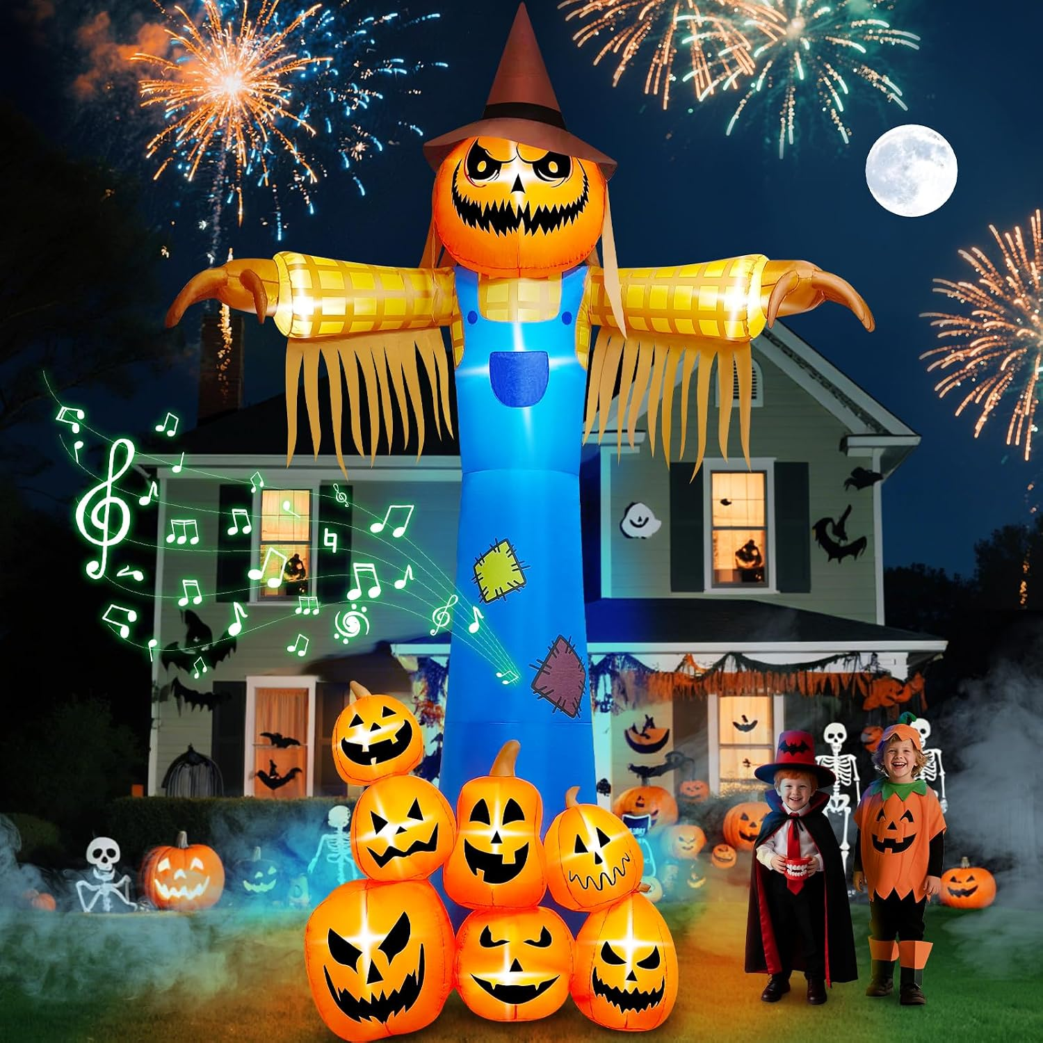 12.5 FT Halloween Inflatables with Music Giant Pumpkin Scarecrow Inflatable | Blow up Yard Decor with Scary Sound for Outdoor Garden Lawn Holiday Party Supplies