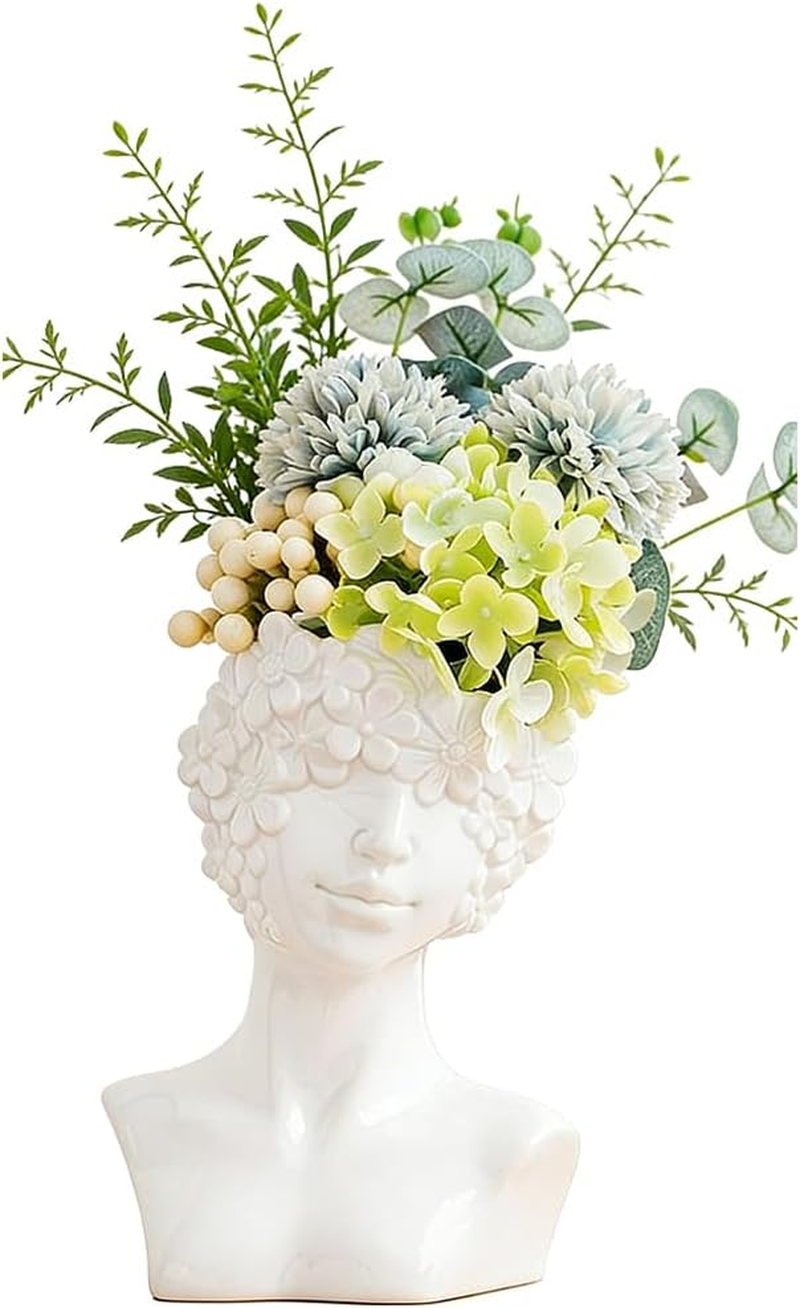 Ceramic Face Vase, White Minimalist Flower Vase, Small Head Planter, Face Female Vases Art, Decorative Vases Figurines for Home Bookshelf Bedroom Living Room Office