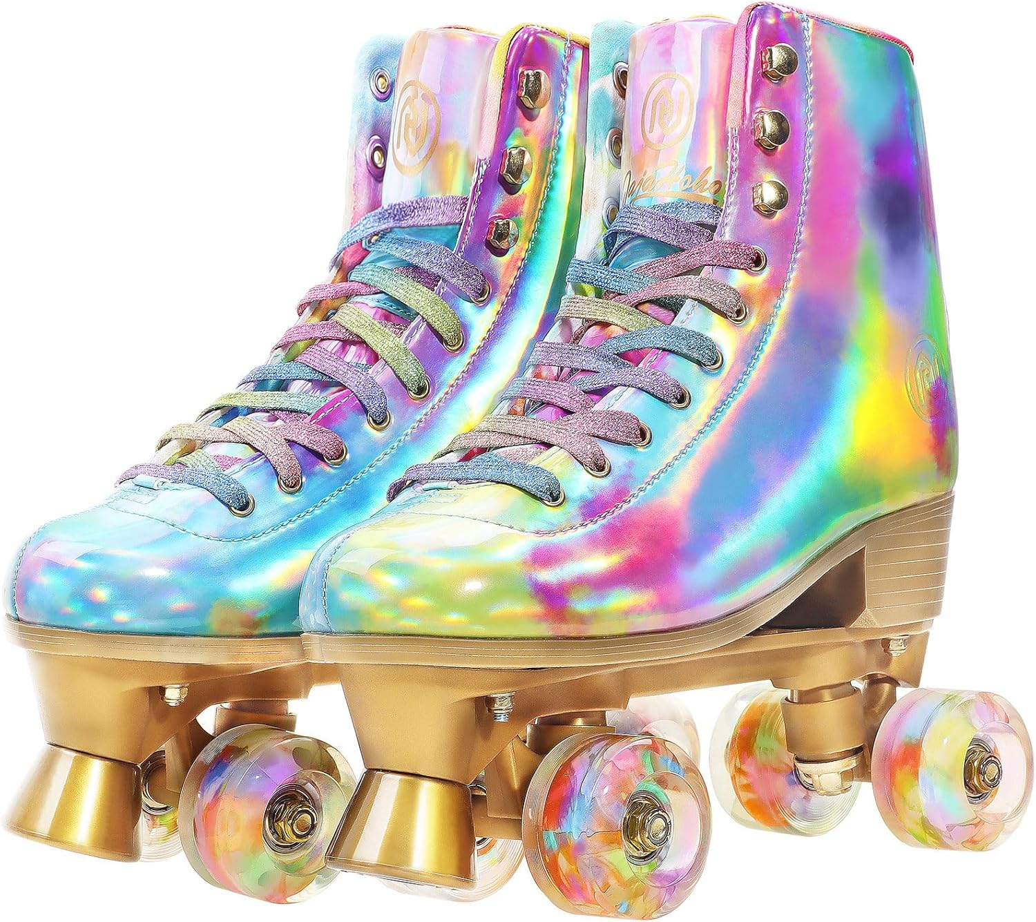 Roller Skates for Women, Holographic High Top PU Leather Rollerskates, Shiny Double-Row Four Wheels Quad Skates for Girls and Age 8-50 Indoor Multicolor (Rainbow)