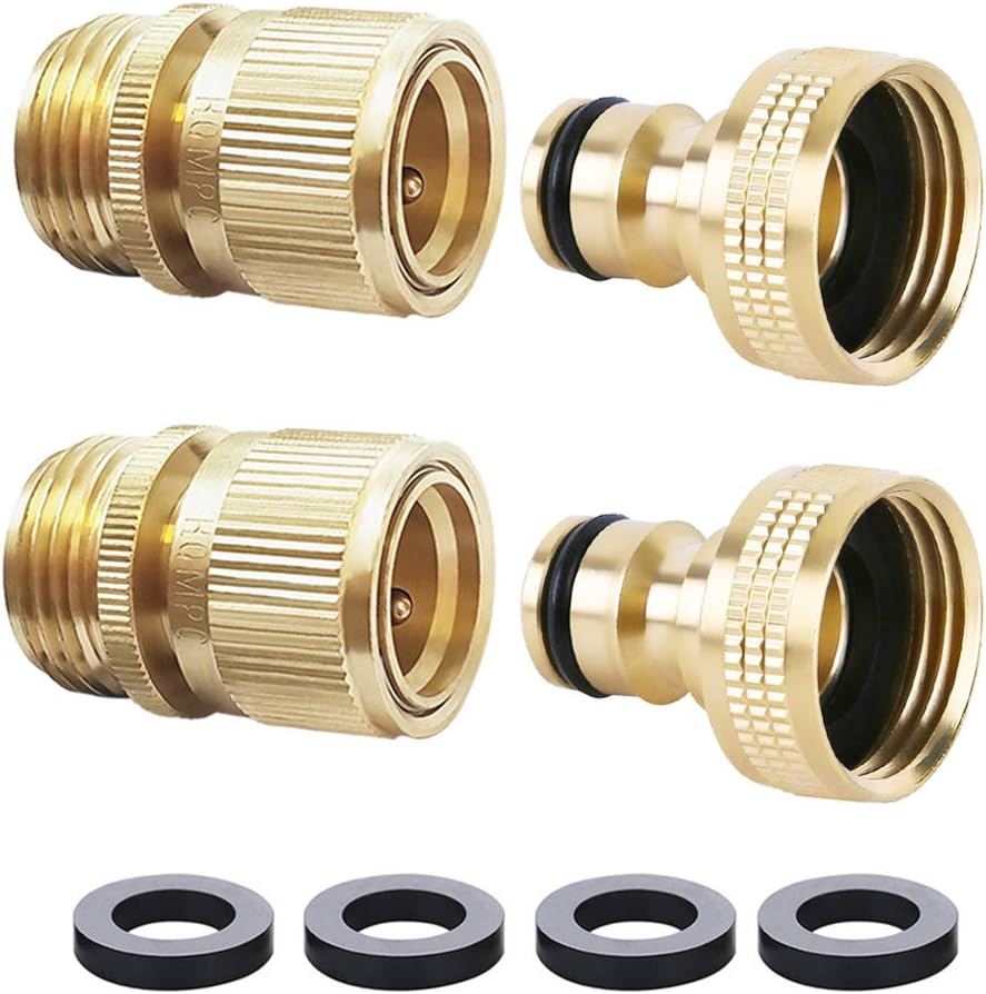 HQMPC Garden Hose Quick Connect Solid Brass Quick Connector Garden Hose Fitting Water Hose Connectors 3/4 Inch GHT (2SETS)