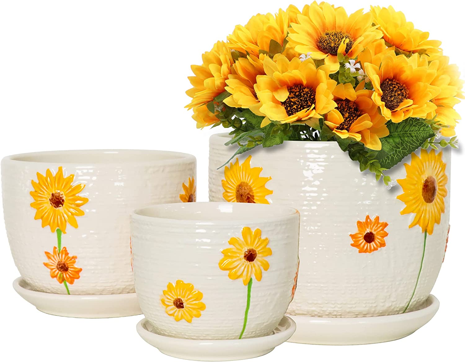 Plant Pots,Set of 3 Ceramic Sunflower Flower Pots for Indoor Plants,4+5+6 Inch Pots with Drainage Hole Saucer,Garden Pots Catus Planters