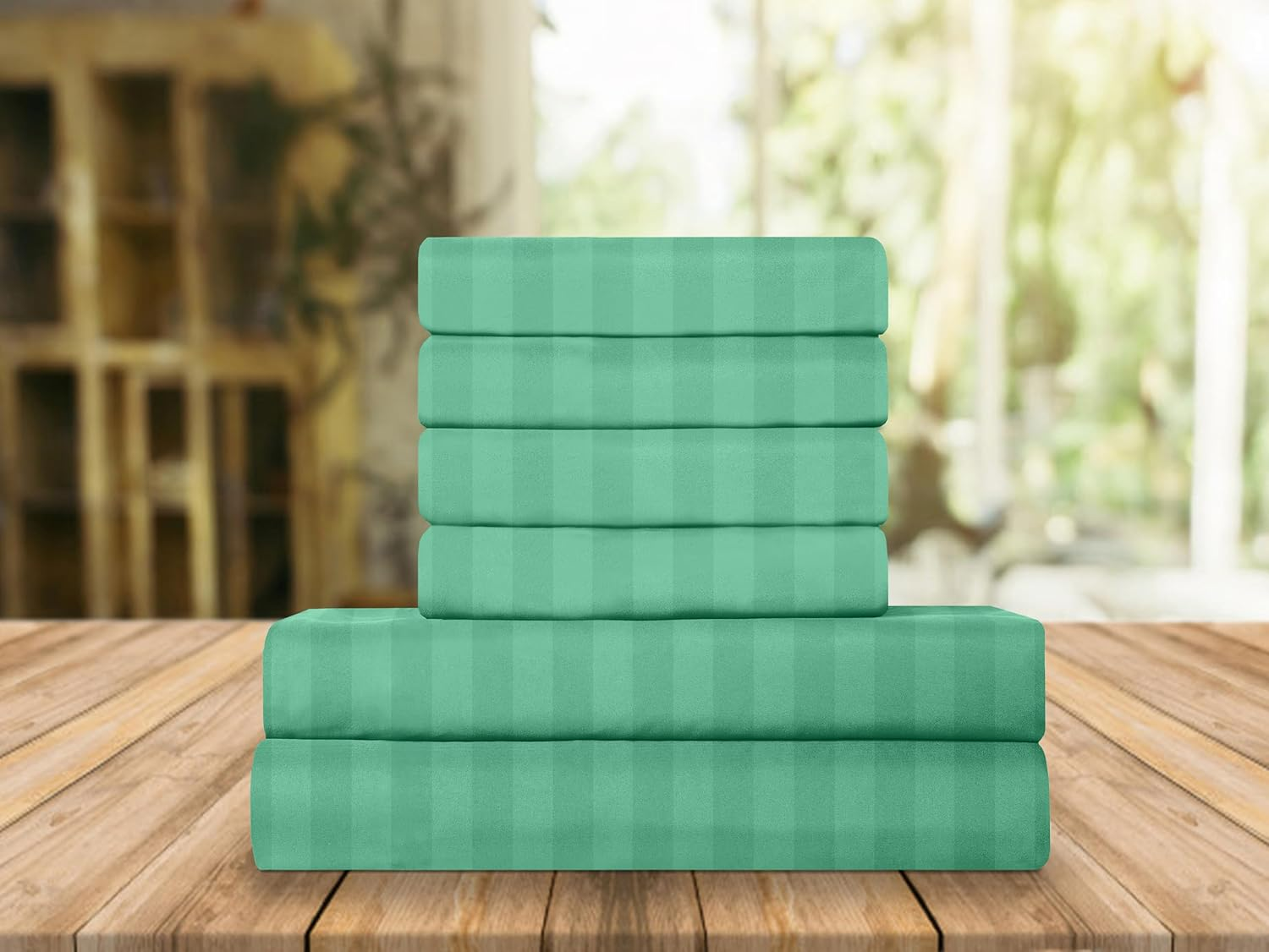 Luxury Soft Bed Sheets Dobby Stripe 1500 Premium Hotel Quality Microfiber Softness Wrinkle and Fade Resistant (6-Piece) Bedding Set, Queen, Stripe Minted Aqua