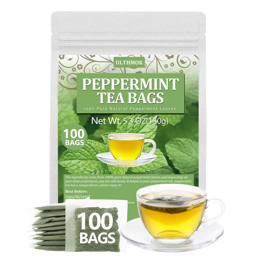 Peppermint Tea Bags, 100 Natural, Caffeine Free - 100 Bags Free Shipping