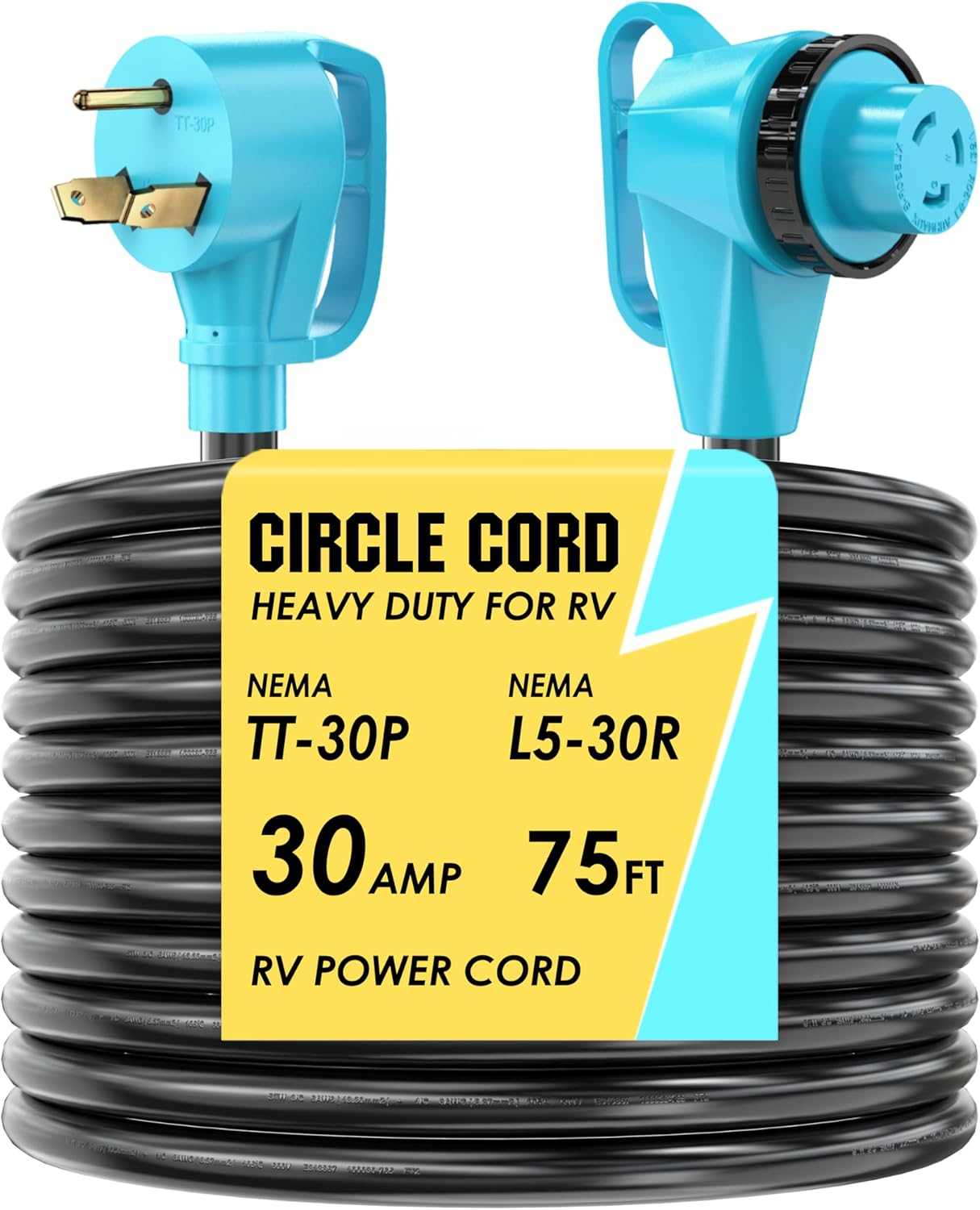 30 Amp 75 Feet RV Power Cord with 90° Right Angle Twist Locking, Heavy Duty 10 Gauge STW Pure Copper Wire with Grip Handle, TT-30P to L5-30R with Cord Organizer for RV Trailer Campers