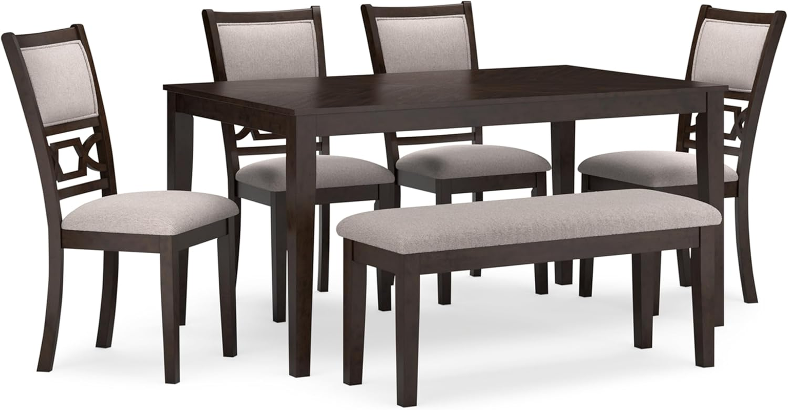 Langwest Dining Room Table Set, 4 Upholstered Chairs and Bench, Seats 6, Cushioned Seats, Wood, Cherry Brown