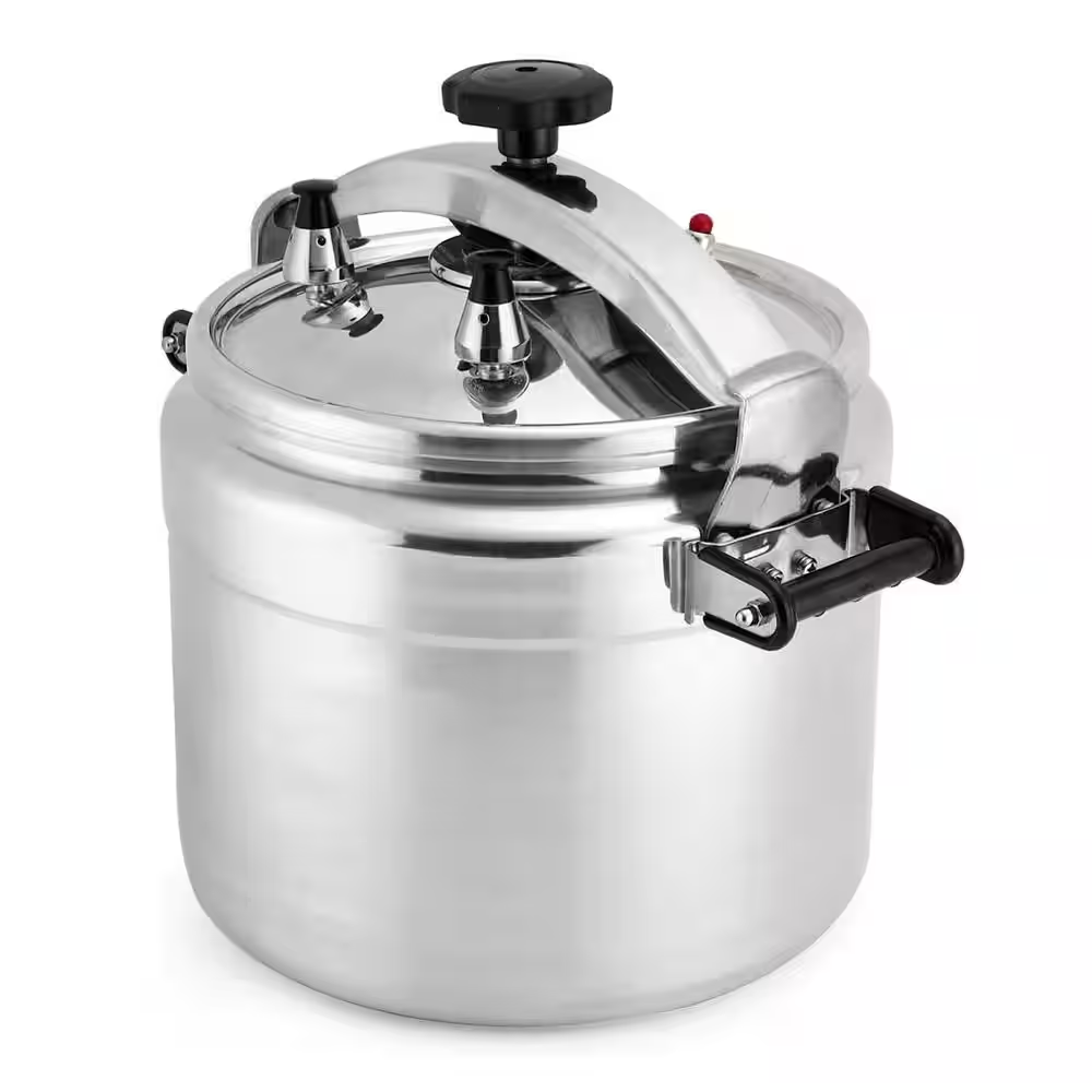 26 Qt. Silver Aluminum Pressure Cooker with Clamp Bar Locking, Quadruple Safety, 2 Valves, Gas Electric Safe