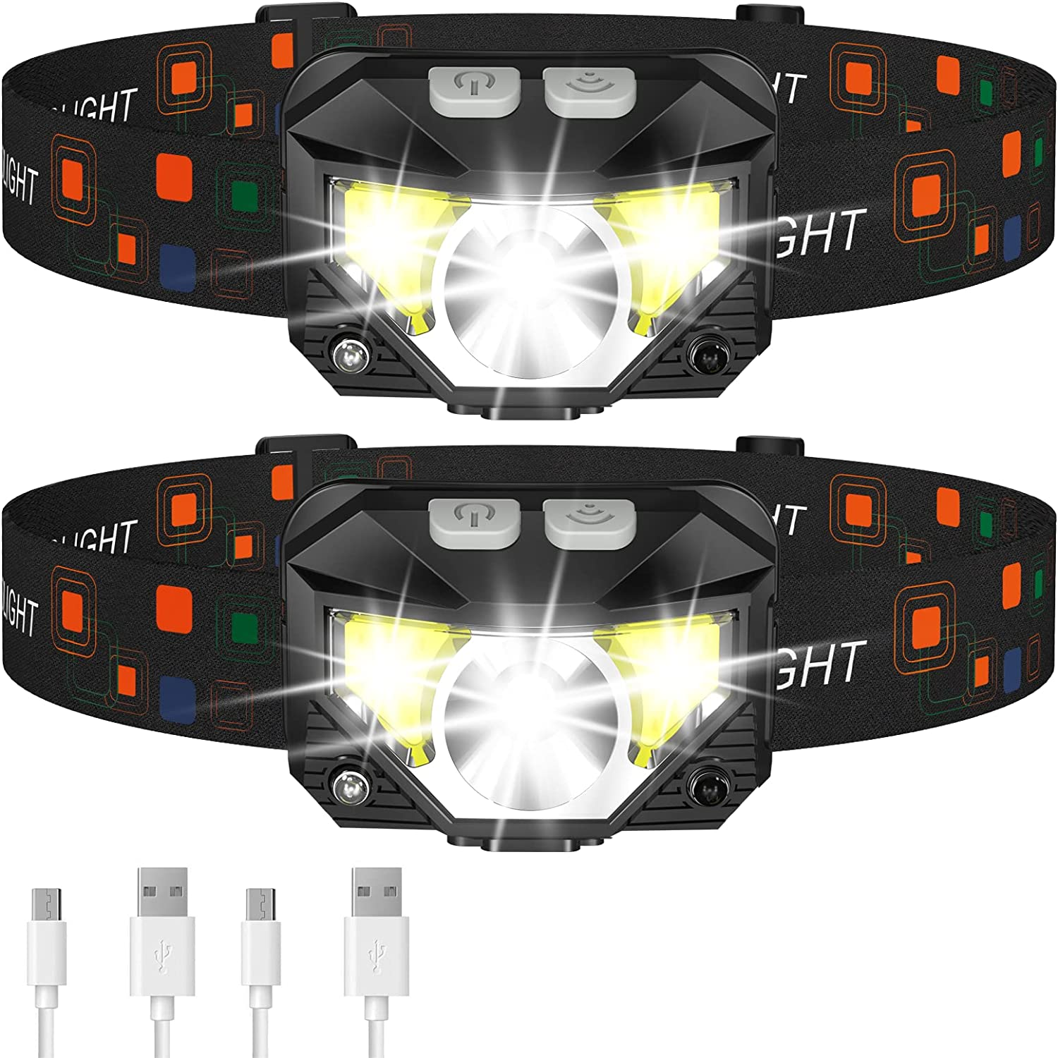 Headlamp Flashlight, Lumen Ultra-Light Bright LED Rechargeable Headlight with White Red Light, 2-Pack Waterproof Motion Sensor Head Lamp,8 Modes for Outdoor Camping Running Hiking Fishing