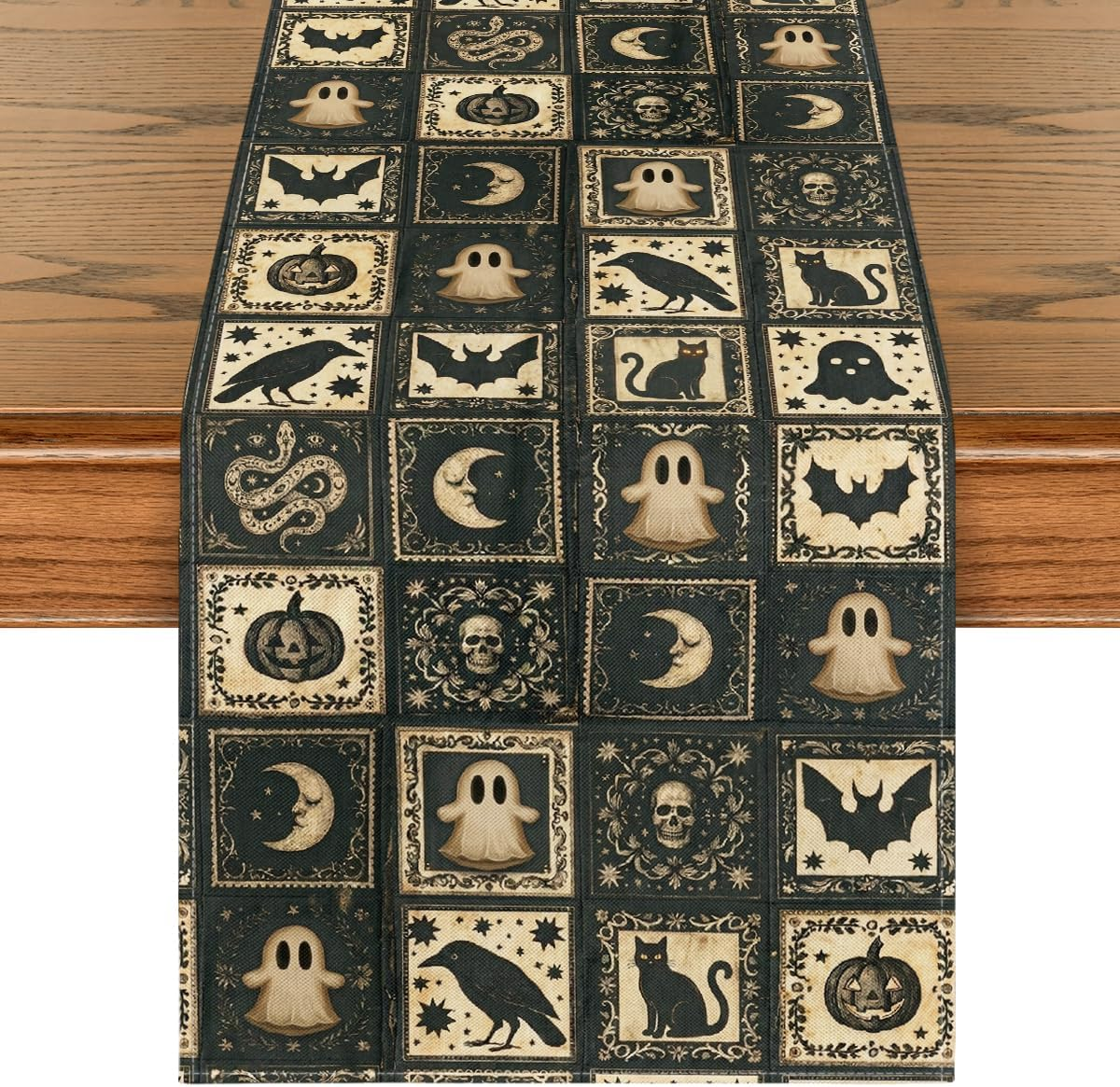 210 GSM Halloween Table Runner 13X72 Inch Home Party Decor | Patchwork Ghost Bat Skull, Seasonal Kitchen Dining Table Decoration