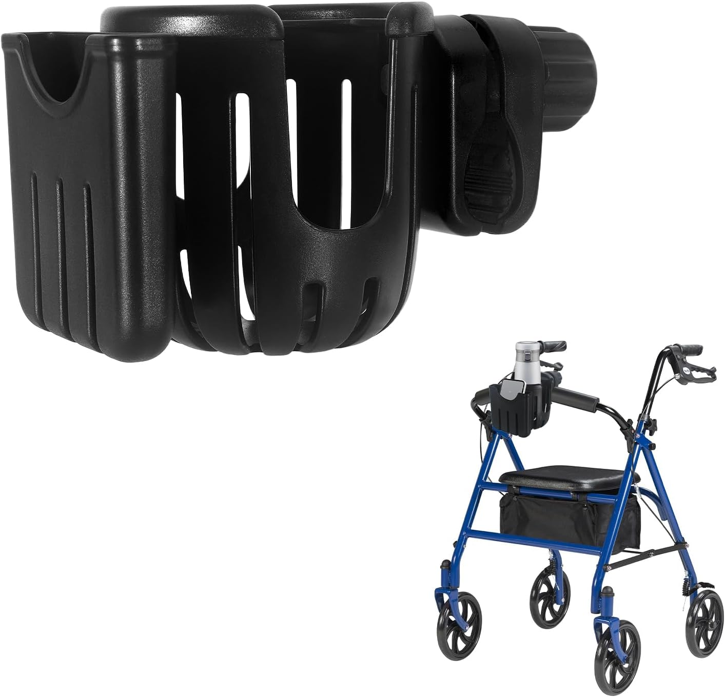Cup Holder for Walker for Seniors, Walker Cup Holder for Rollator Walker with Phone Holder, 360° Rotatable Rollator Cup Holder for Seniors, Rolling Walker Accessories, Black