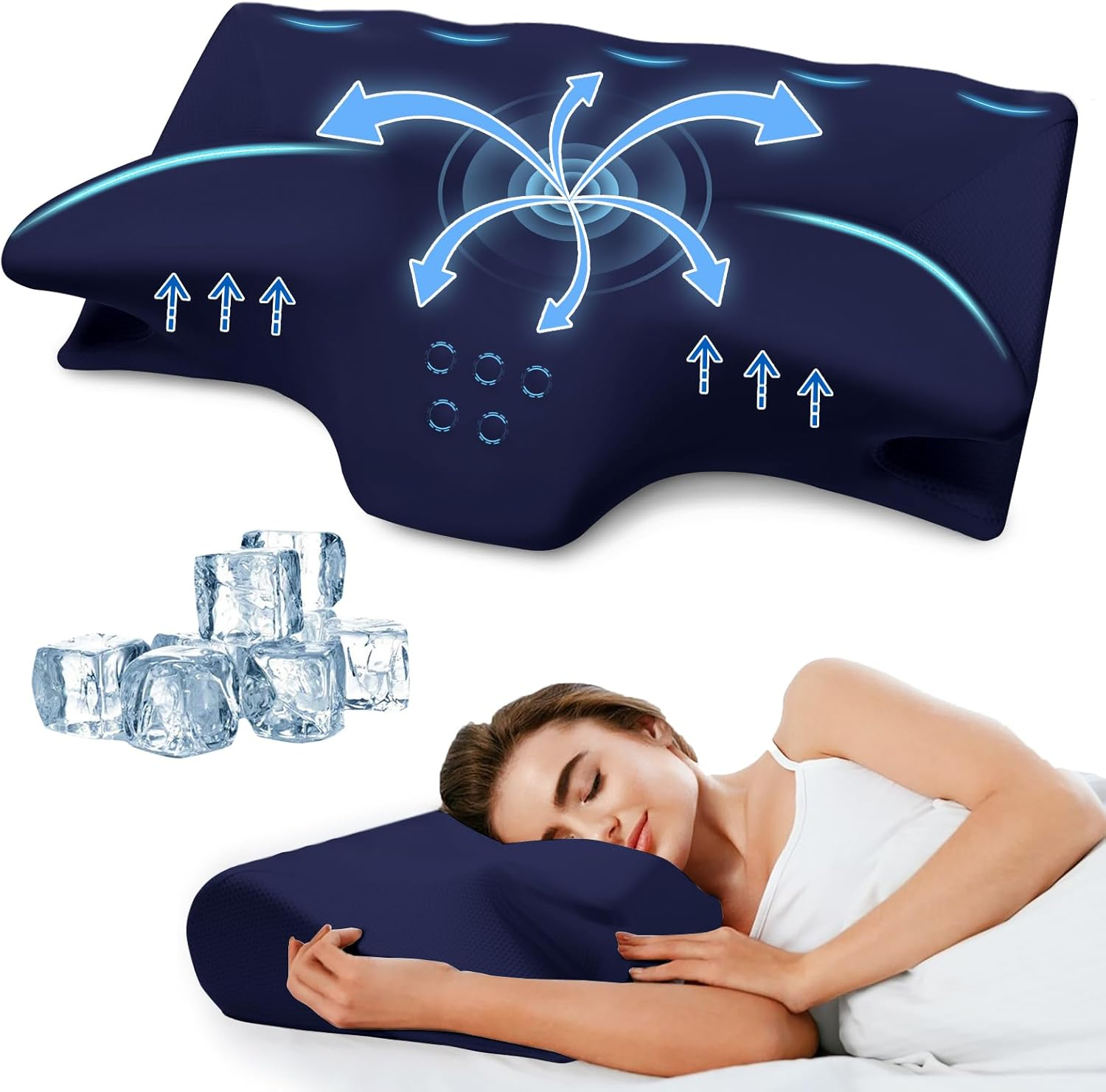 Cervical Pillow for Neck Pain Relief, Cooling Contour Memory Foam Pillows Support Odorless Ergonomic Neck Pillow Adjustable Orthopedic Bed Pillow for Side Back Stomach Sleeper with Pillowcase,Navy