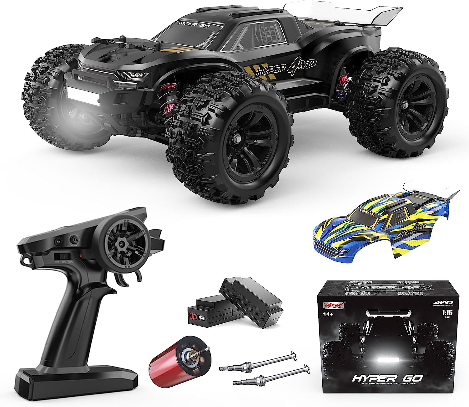 HYPER GO H16BM 1/16 RTR Brushless Fast RC Cars for Adults, Max 42Mph Electric Off-Road RC Truck, High Speed RC Car 4X4 Remote Control Car with 2 Lipo Batteries for Adult, Compatible 3S Lipo