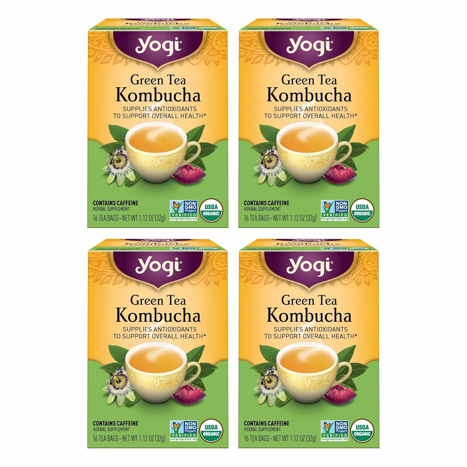 Tea Green Kombucha Tea - 16 Bags per Pack (4 Packs) - Organic - with Kombucha to Support Overall Health - Includes Lemongrass, Spearmint Leaf & More