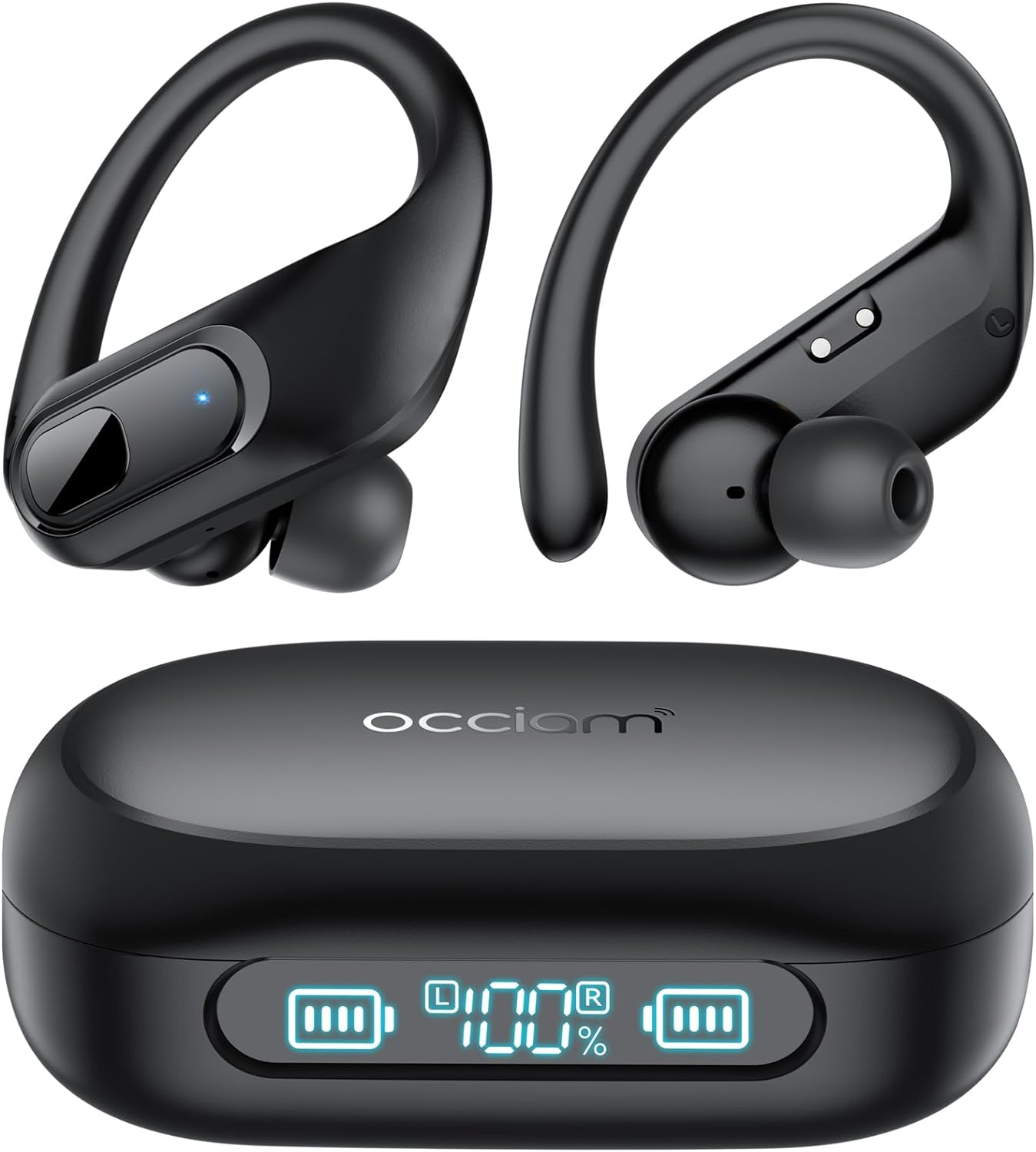 Occiam Wireless Earbuds Bluetooth Headphones Ear Buds 96Hrs Playback Sport Over-Ear Waterproof Wireless Headphones Earphones with Earhooks ENC Mics Clear Call for Sport Running Workout Black