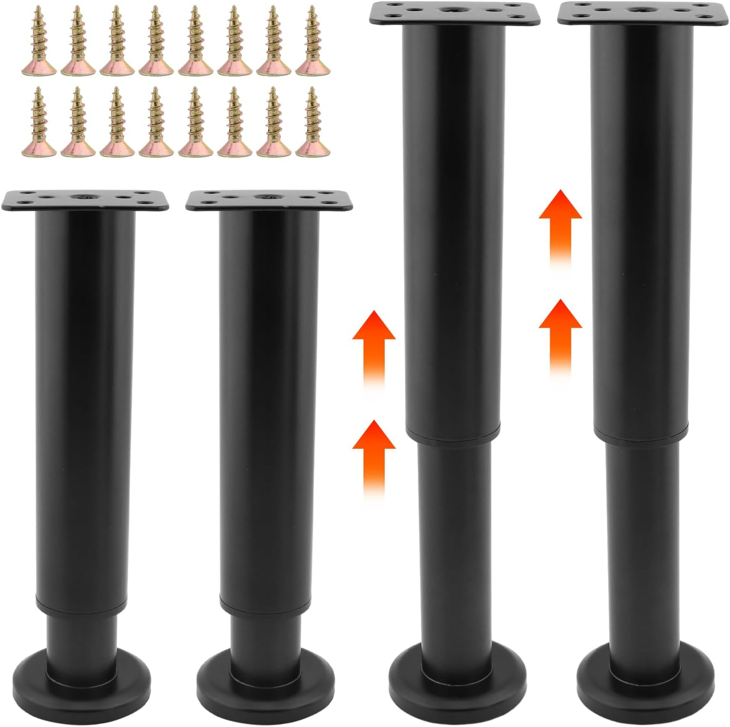 4Pcs Adjustable Metal Furniture Legs with 16 Screws, 7-12.99 inch Bed Center Slat Heavy Support Leg, Multipurpose Furniture Replacement Support Leg for Table Cabinet Sofa(Black)