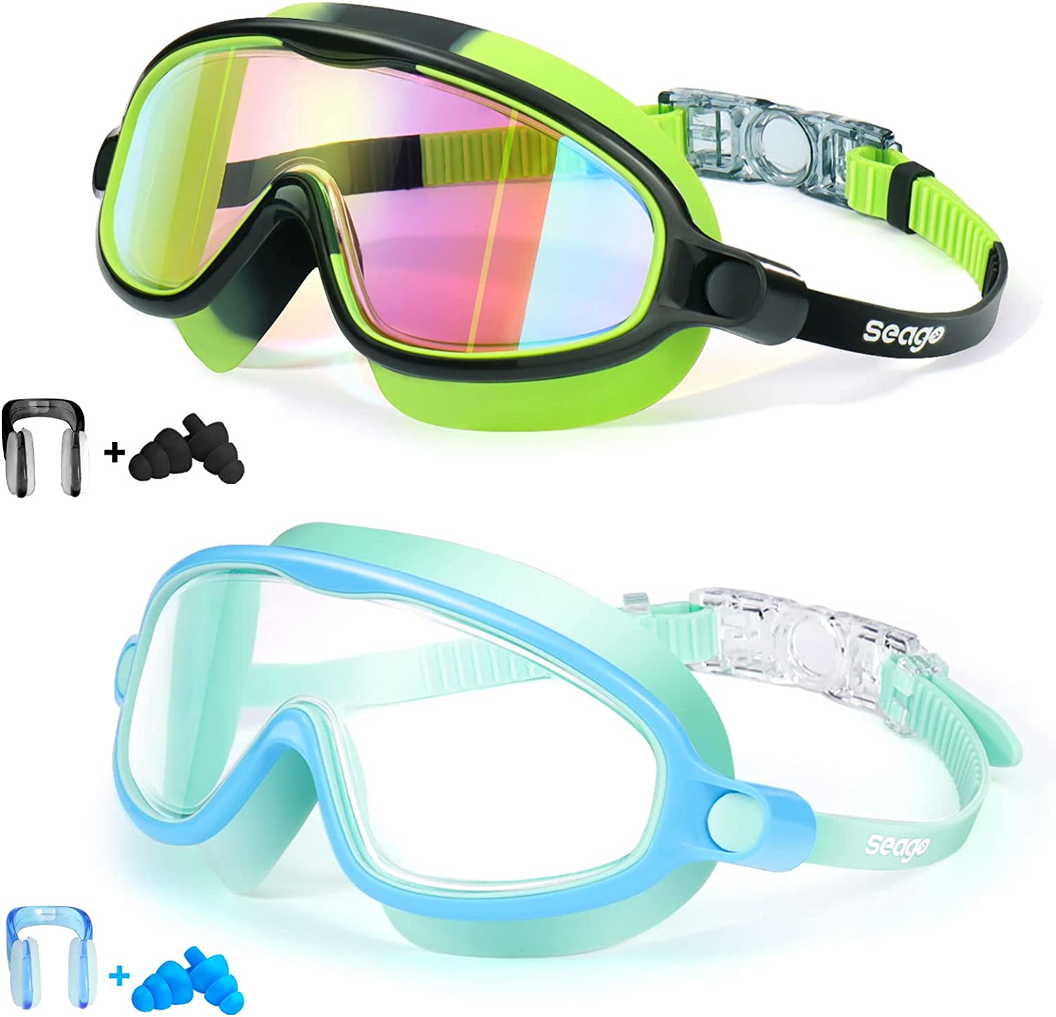 Seago Swim Goggles 2 Pack Anti-Fog Anti-Uv Wide View Swimming Goggles for Kids 3-15