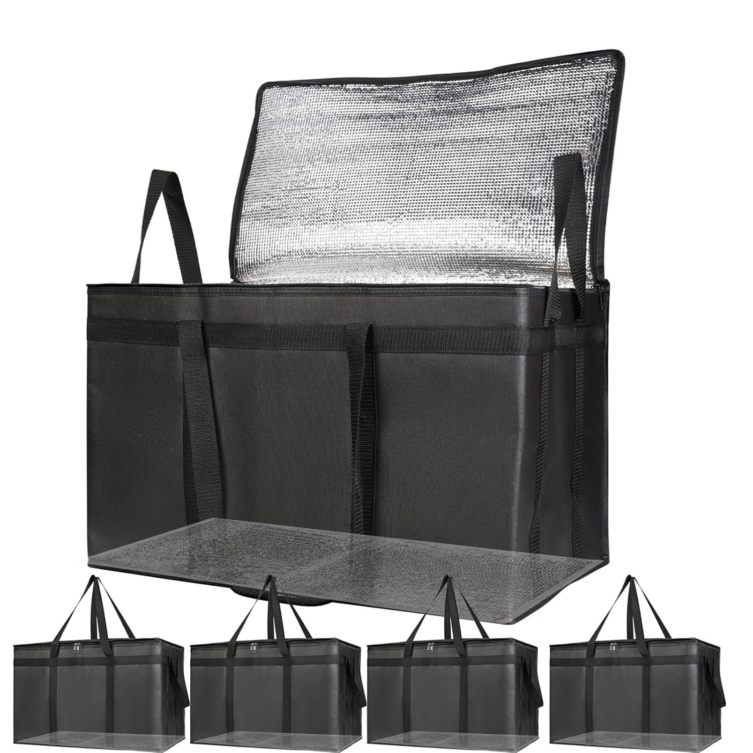 5-Pack Cooler Insulated Food Delivery Bag for Commercial Drivers, Xxx-Large Thermal Bags for Catering/Hot Pizza, Travel/Camping/Picnic Basket, Grocery Reusable Warmer Frozen, Black, Hard Bottom