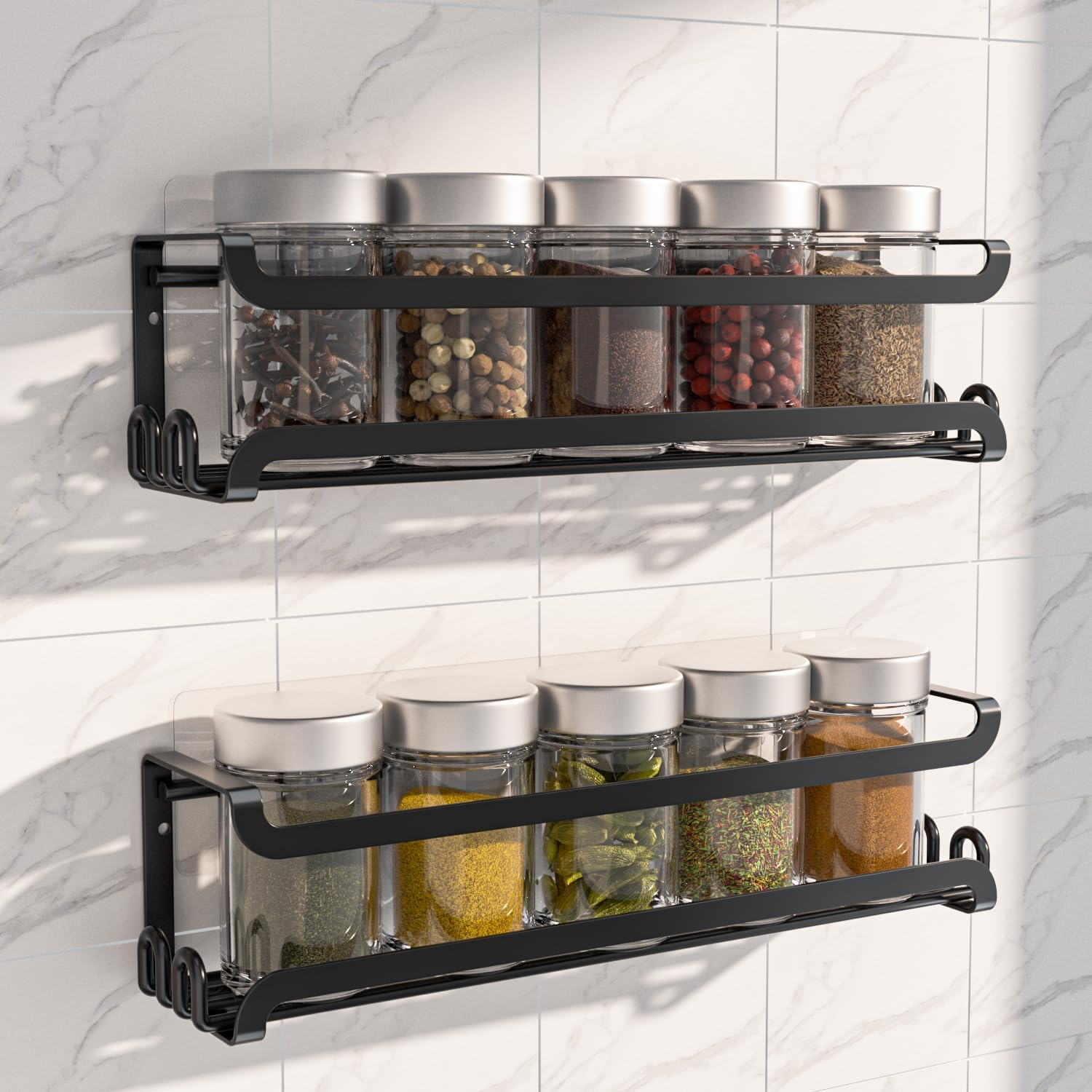 2 Pack Wall Mounted Spice Rack with 8 Hooks, Spice Organizer Shelf for Stove Cabinet Pantry Door,Screw or Adhesive Spice Shelf Hanging Wall Spice Rack in Kitchen and RV (Black, 2 PACK)