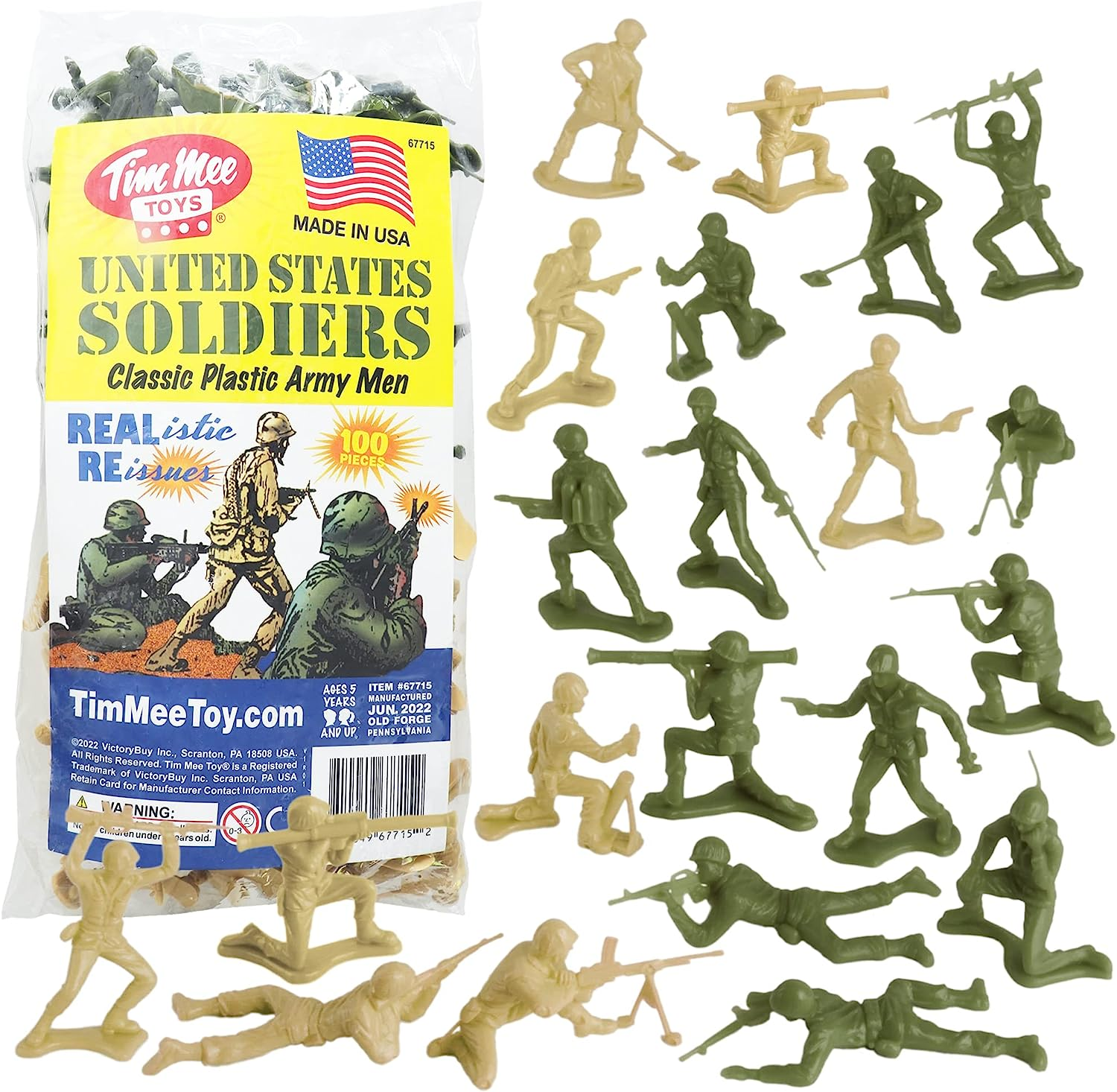 TimMee Plastic Army Men - Green vs Tan 100pc Toy Soldier Figures - Made in USA