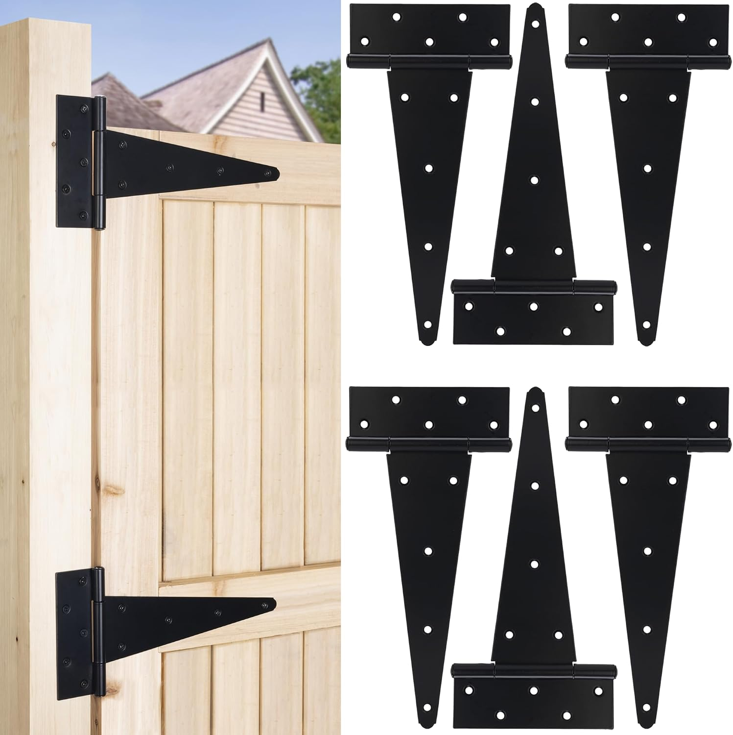 12 Inch T-Strap Gate Hinges, Heavy Duty Shed Barn Door Hinges, Black Tee Hinges for Wooden Fence, Yard Gate, Wrought Hardware Iron Rustproof (6 Pack)
