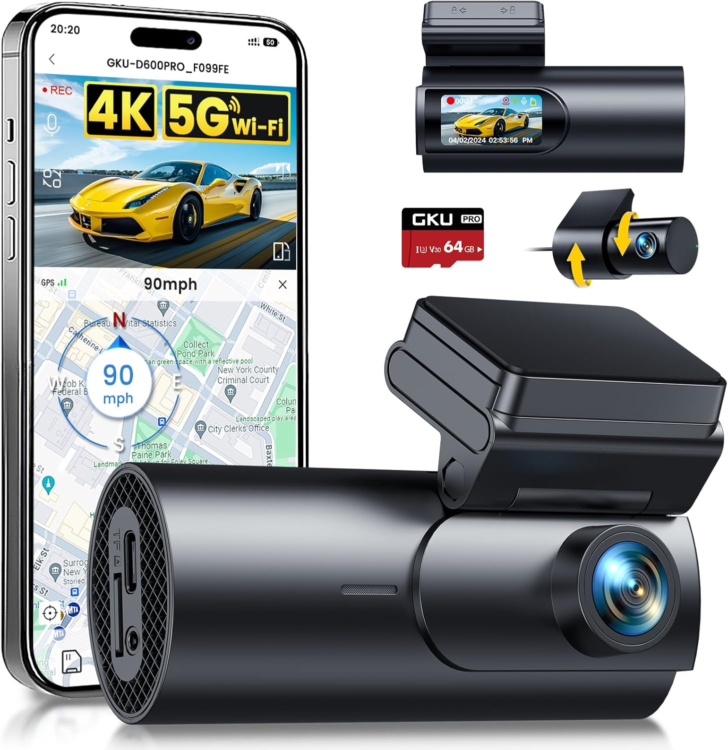 GKU Dash Cam Front and Rear Camera,4K+1080P, 5.8Ghz Wifi & GPS Dash Camera for Cars,With 64G Sdcard,1.47