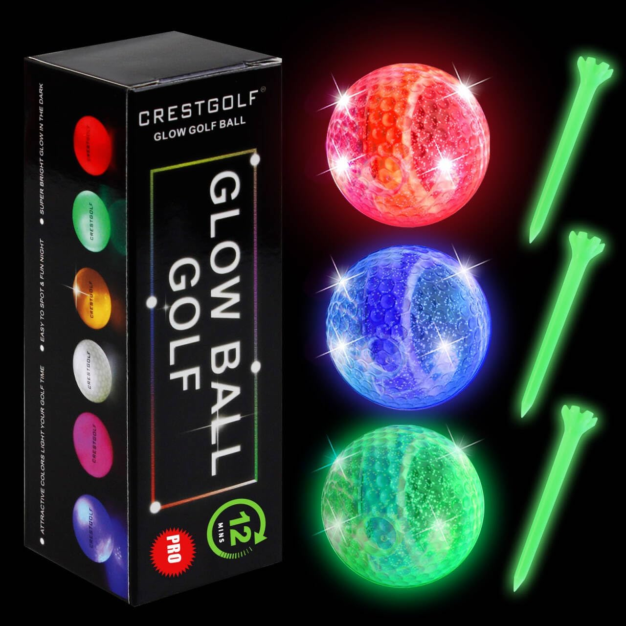 Glow in The Dark Golf Balls with Glow Tees, Super Bright Light Up LED or Light Activated Balls with 12-Minute Reset Timer, Fun Gift for Men and Women Kids, Backyard Putting Greens