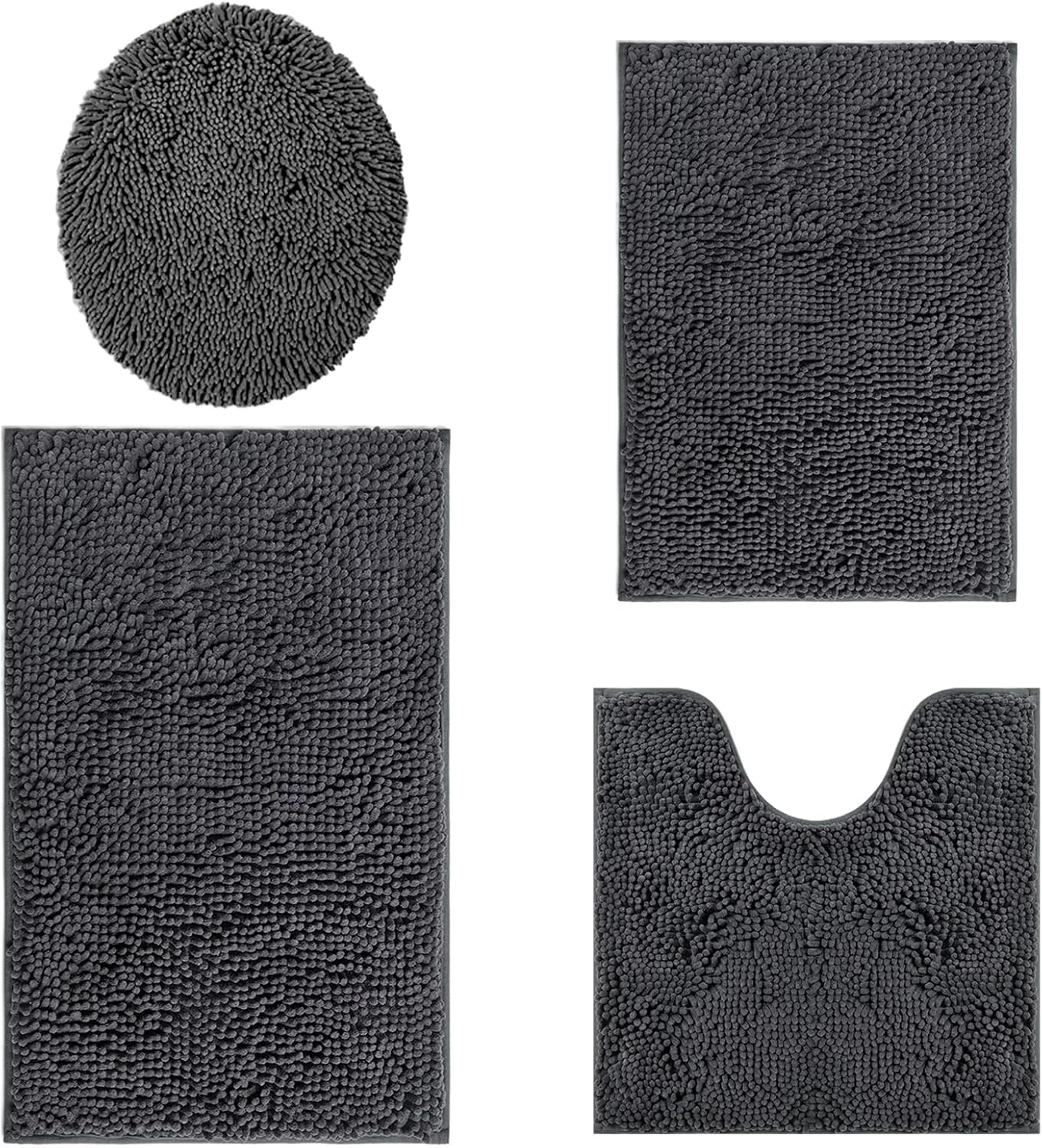 Bathroom Rugs Sets 4 Piece, Extra Soft Absorbent Chenille Bath Rugs, Non Slip Rubber Backing Machine Washable Quick Dry Bath Mats for Bathroom Floor, Tub, Shower, Home Decor Accessories, Deep Grey