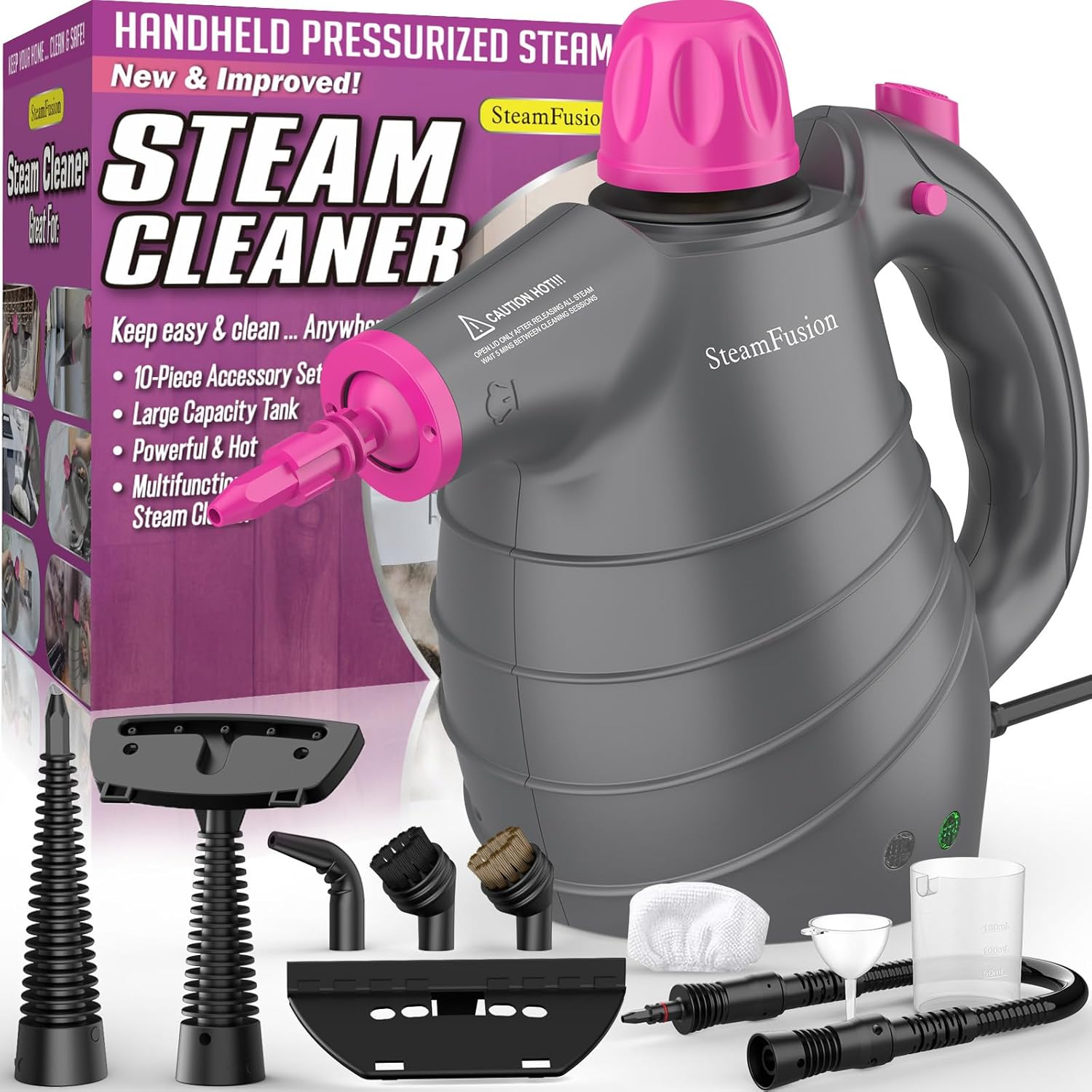 Pressurized Handheld Steam Cleaner with 10Pcs Accessories&Safety Lock, Multi-Purpose Natural Deep Cleaning Steamer, Multi-Surface Steamer for Cleaning Home, Car, Upholstery, Grout and More