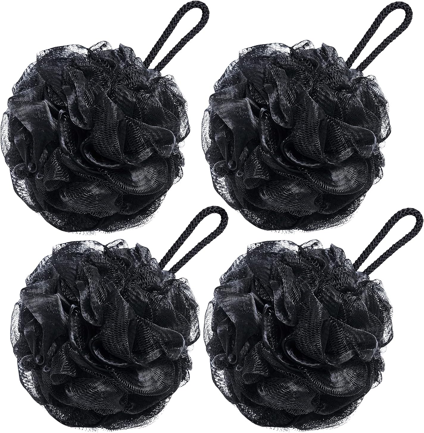Bath Loofah Large 80G Shower Sponge Body Scrubber Mesh Pouf for Men and Women, Set of 4 (Black)