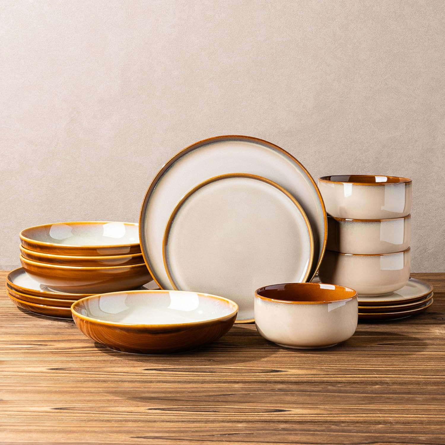 Ceramic Dinnerware Sets with Pasta Bowls for 4,Plates and Bowls Sets,Oven &Microwave & Dishwasher Safe,Light Weight & Scratch Resistant Dishes Sets-Service for 4 (16Pcs)-Kahki