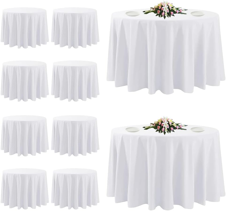 10 Pack White round Tablecloths, 120 Inch Stain Resistant and Wrinkle Polyester Fabric Washable Table Clothes Cover for Kitchen Dining, Wedding, Reception Banquet, Birthday Party, Buffet Restaurant