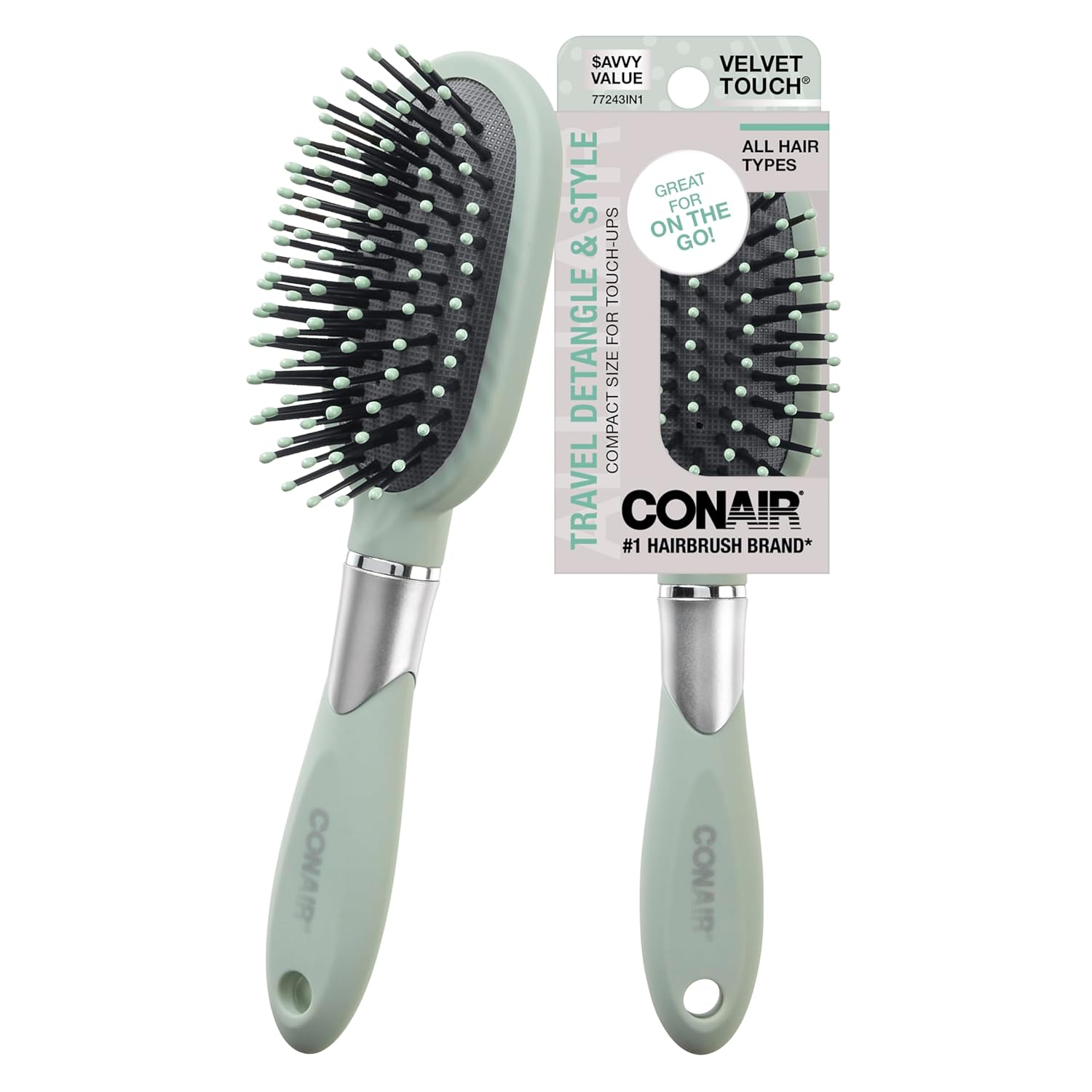 Velvet Touch Oval Cushion Hair Brush - Travel Hairbrush- Detangling - Ideal for Curly or Straight Styles - Detangler Brushes - Women or Men - Sage Green