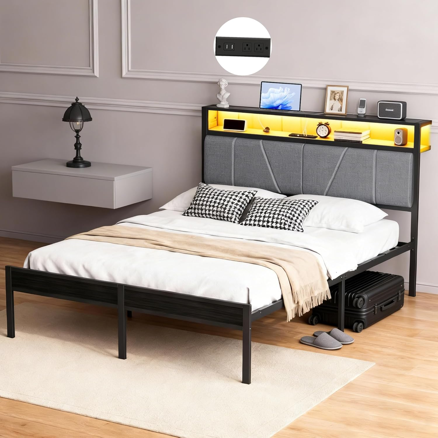 Queen Size Bed Frame with Grey Upholstered Headboard, Metal Platform Bed Frame with Charging Station & LED Lights & 2-Tier Storage Shelves for Bedroom, Gaming Room, No Box Spring Needed