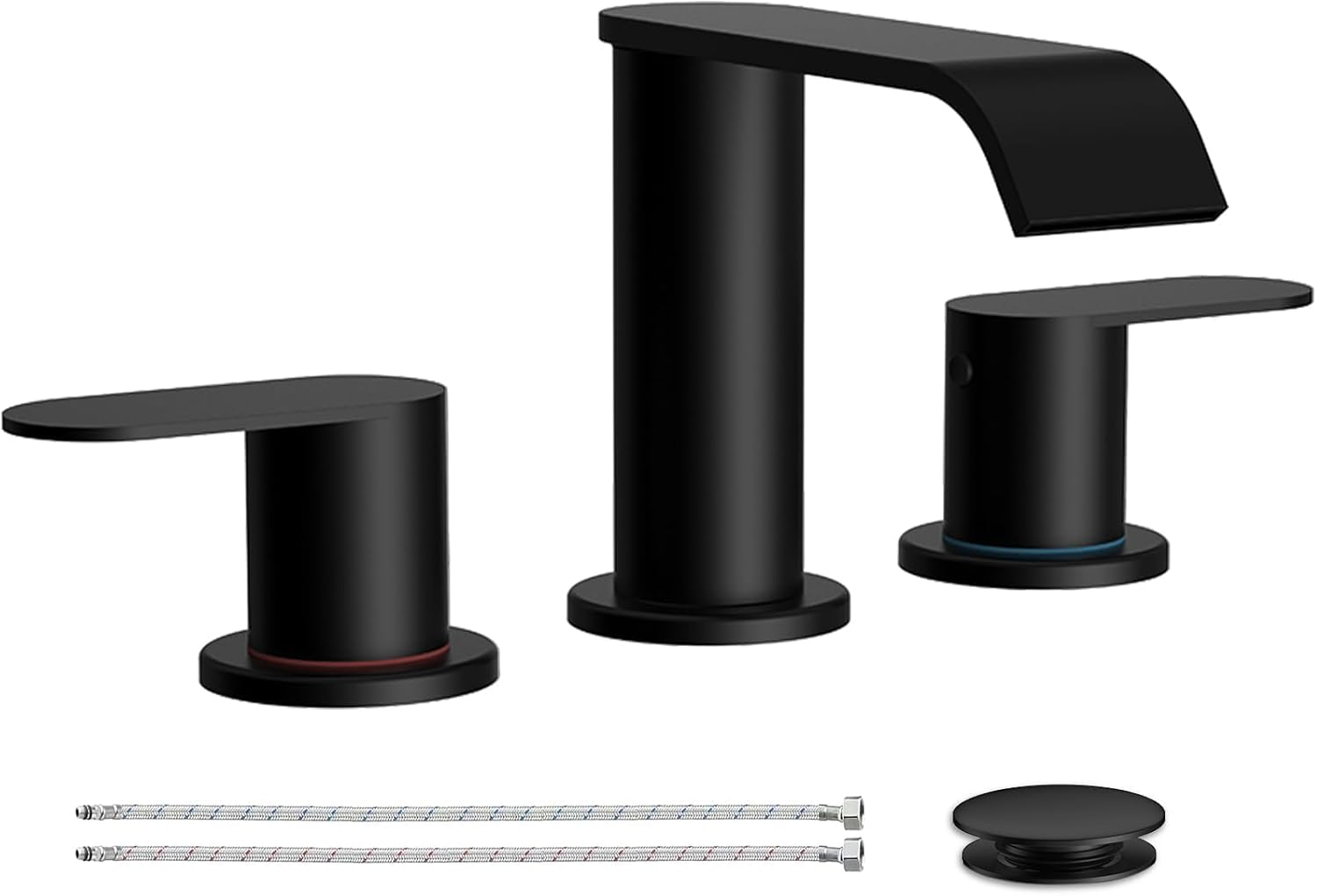 Matte Black Waterfall Bathroom Faucet for Sink 3 Hole 8 Inch Widespread Bathroom Sink Faucets with Pop-Up Drain Supply Lines Stainless Steel 2-Handle Bathroom Sink Faucet for Bath Vanity