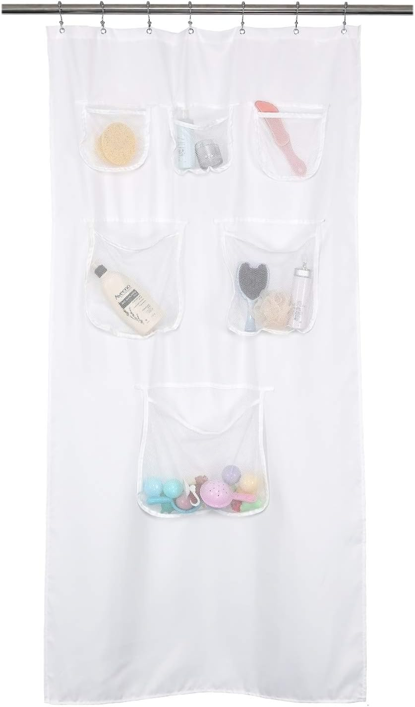 Fabric Stall Shower Curtain or Liner with 6 Mesh Pocket - 36 X 72 Inch, Water Repellent, Odorless, Washable and Rust Proof Grommets
