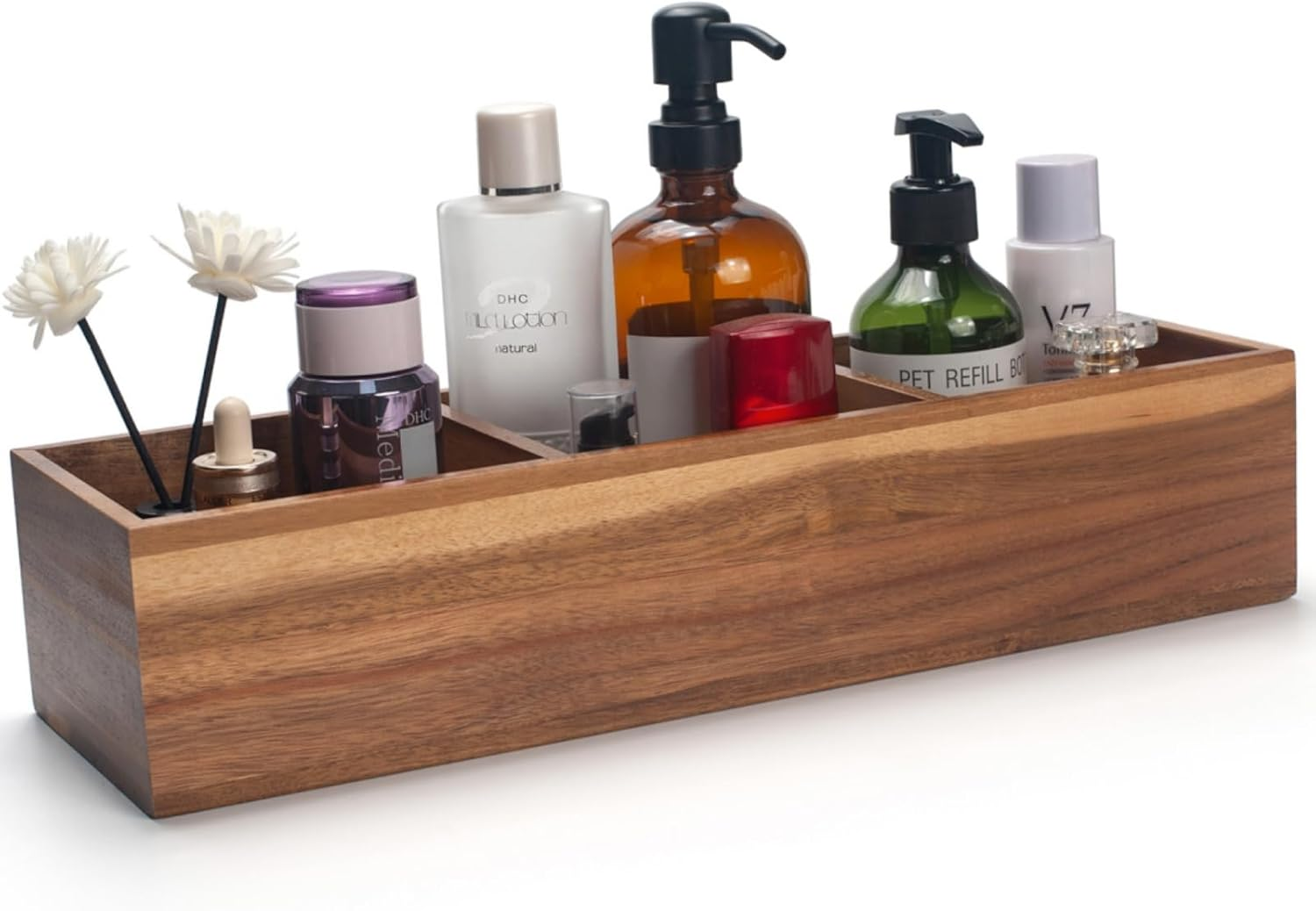 Wood Bathroom Basket, Acacia Wood Toilet Tank Basket, Wooden Storage Box with 3 Compartments for Bathroom Organizer (16.5 X 5.5 X 3.5 Inch)