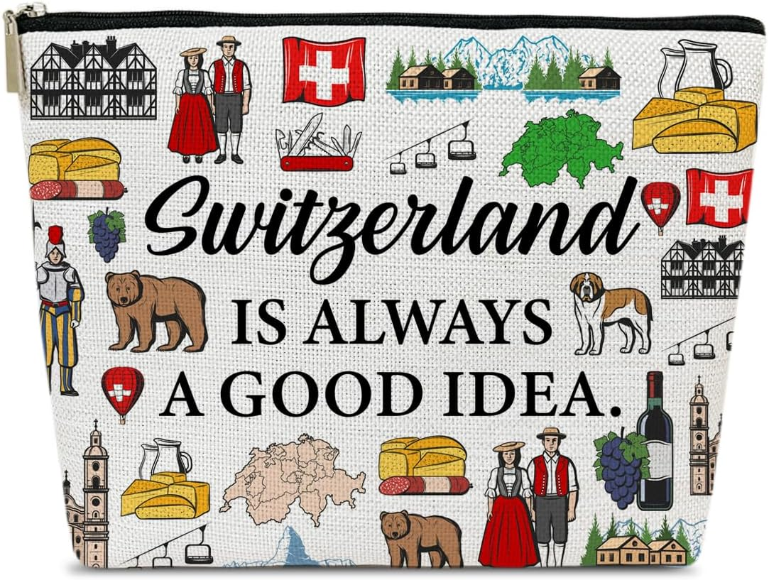 Switzerland Travel Makeup Bag, Vacation Gift, Switzerland Country Cosmetic Bag, Trip Souvenir and Travel Memory Gift, Merchandise Zipper Storage Organizer Pouch