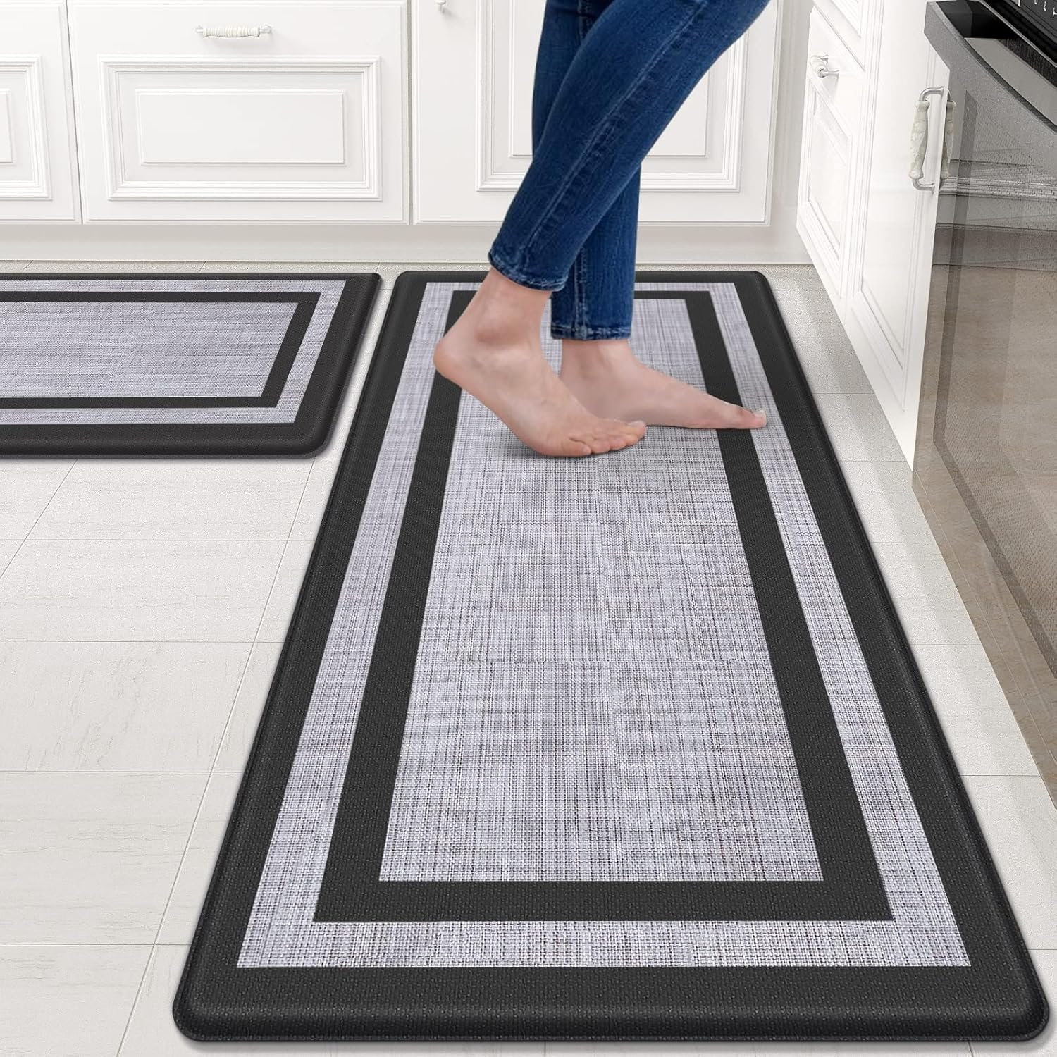 Kitchen Mat [2 PCS] Cushioned Anti-Fatigue Non-Skid Waterproof Rugs Ergonomic Comfort Standing Mat for Kitchen, Floor, Office, Sink, Laundry, Black and Gray