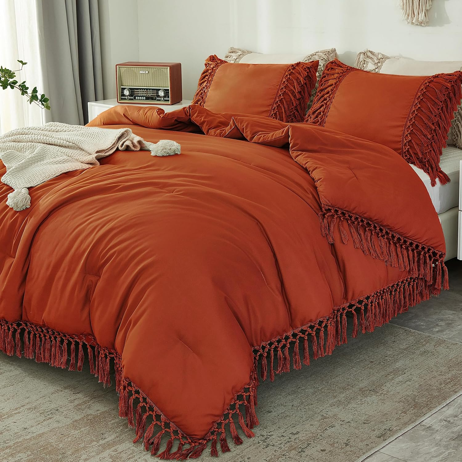 Comforter King Size Set Burnt Orange, 3 Pieces Boho Terracotta Tassel Lightweight Fluffy Bedding Comforters & Sets, Soft All Season Rust Bed Set (104X90In Comforter & 2 Pillowcases)