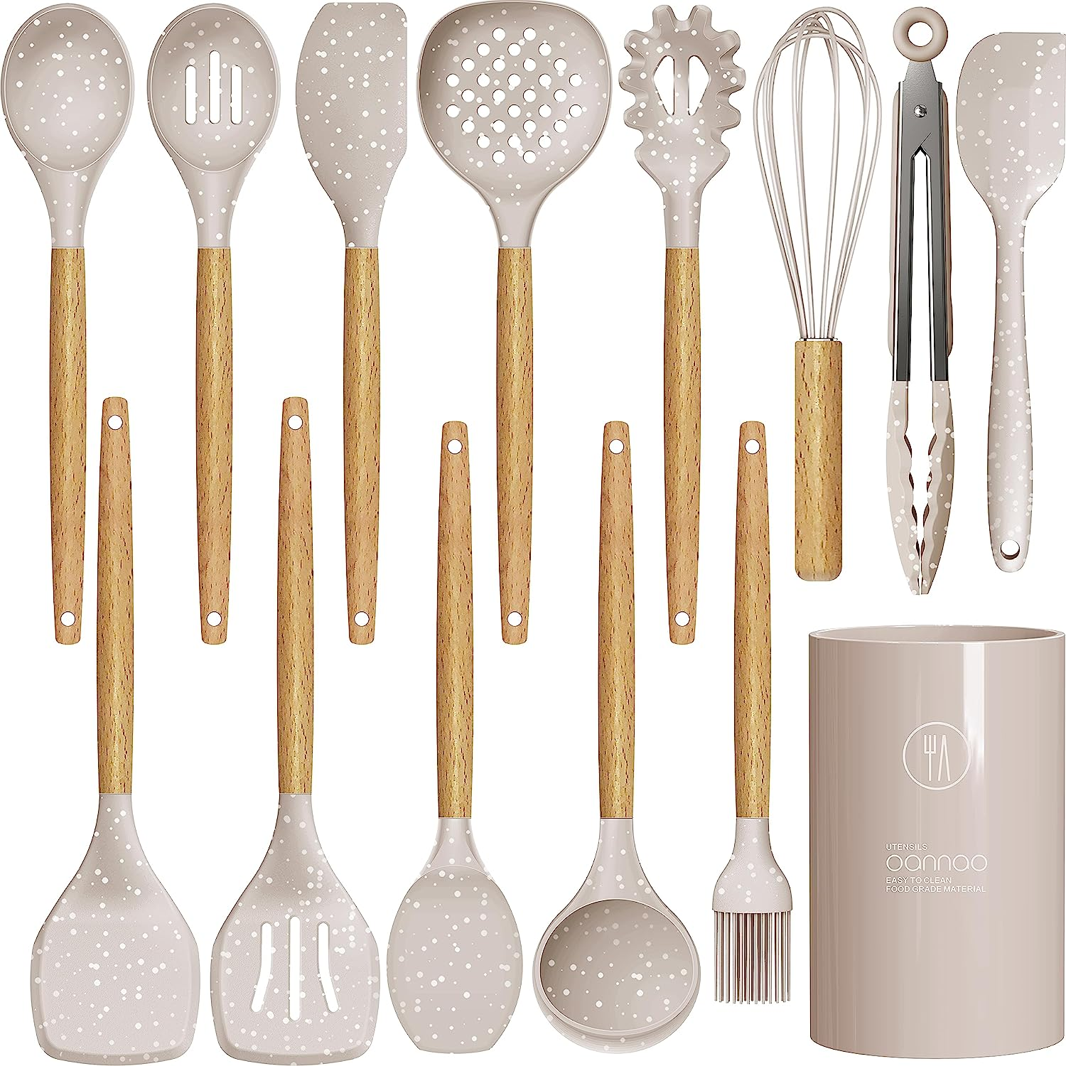 Khaki Granite Pattern Silicone Cooking Utensils Set - 446°F Heat Resistant Silicone Kitchen Utensils for Cooking,Kitchen Utensil Spatula Set W Wooden Handles and Holder for Non-Stick Cookware
