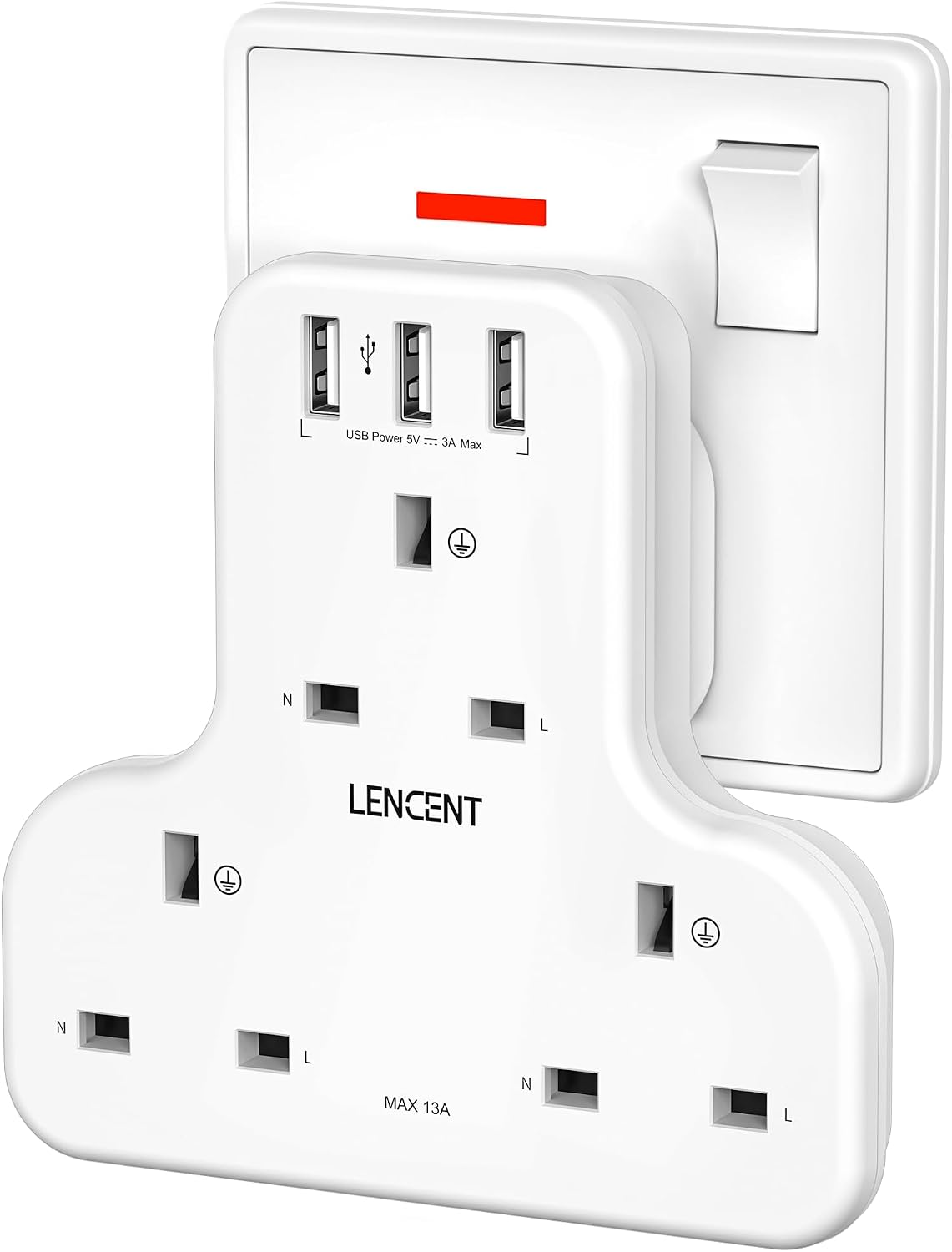 Plug Extension Socket, 3 Way Multi Plug Socket with 3 USB Ports