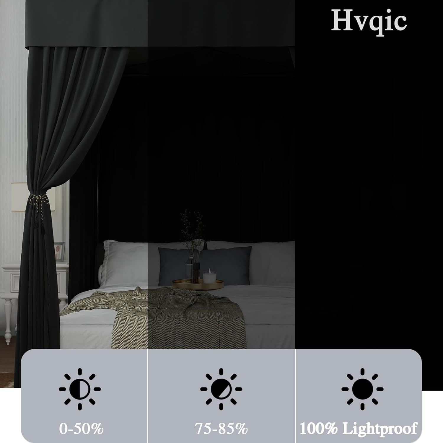 Hvqic Black Canopy Bed Curtains - 4 Corner Post Bed Curtains King Bed Curtain... - Picture 3 of 17