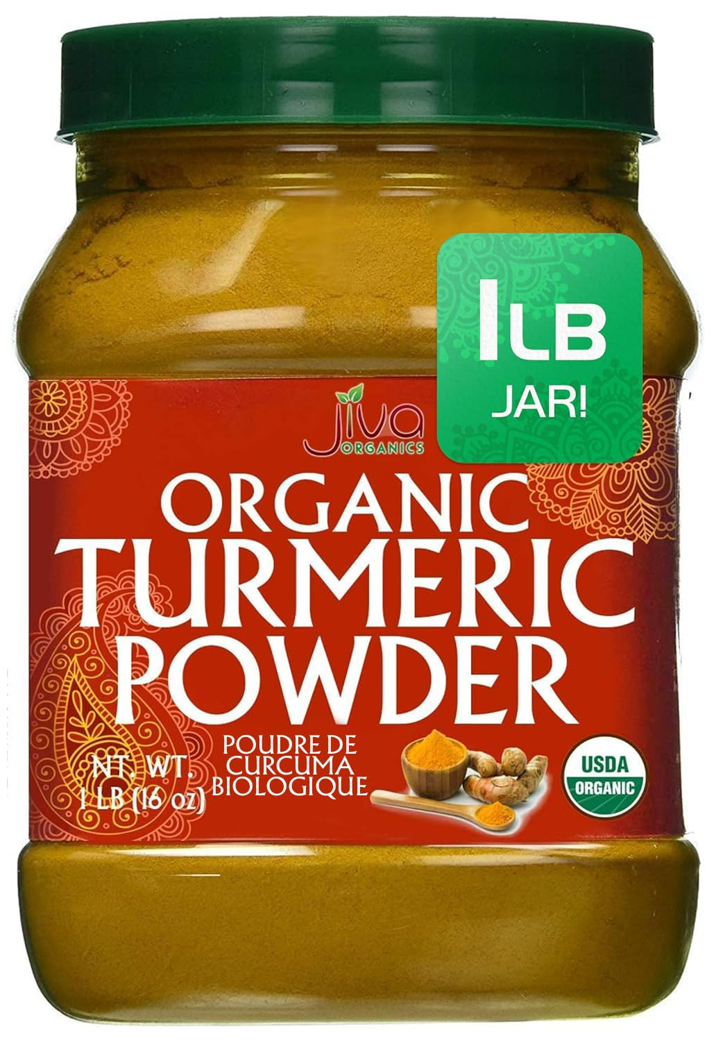 Organic Turmeric Powder 1 Pound Jar by Jiva Organics - 100% Raw with Curcumin - Lab Tested & Reports Available - Raw from India