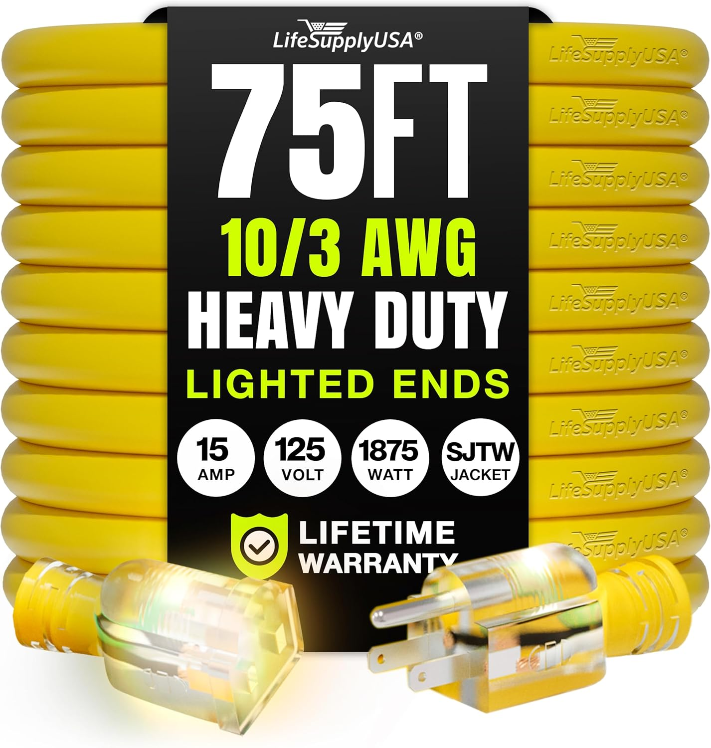 75Ft Outdoor/Indoor Extension Cord 10/3 Gauge Ultra Heavy Duty 3 Prong SJTW, Waterproof, Flexible Cold-Resistant Long Power Cord,15A 125V 1875W, Yellow by